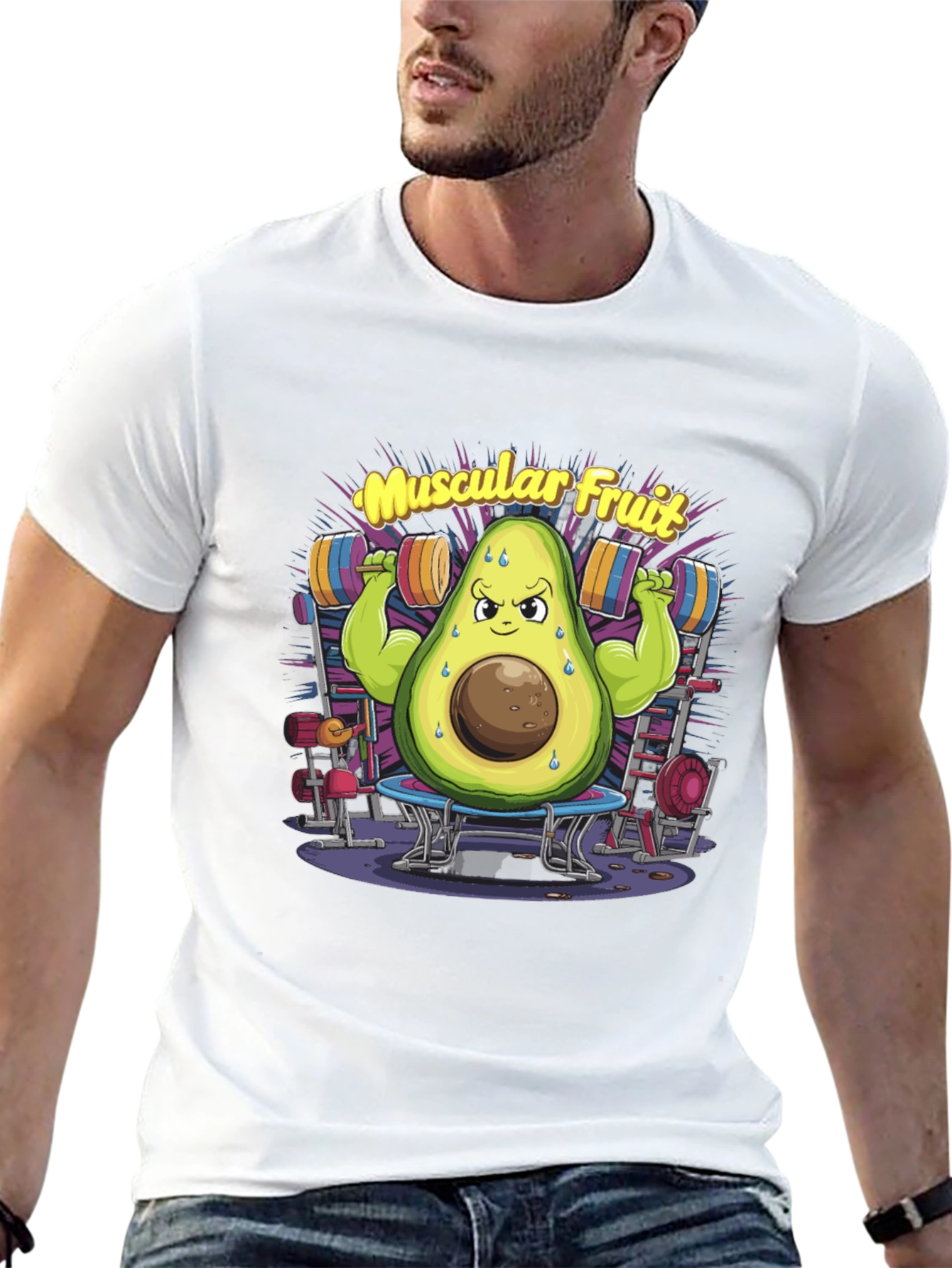 Black Muscular Fruit Avocado Black T-Shirt view 13