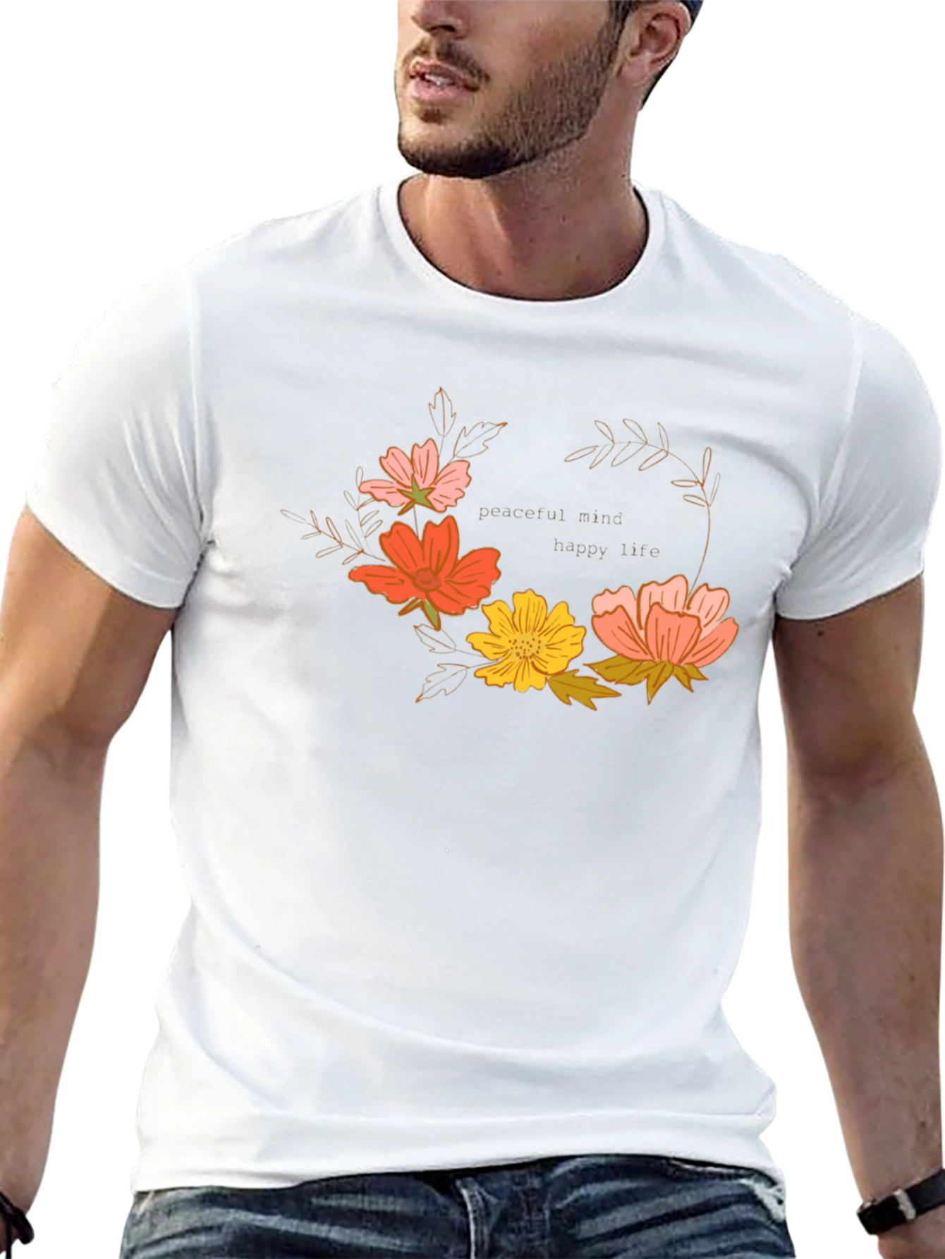 Floral Wreath Graphic T-Shirt - Peaceful Mind, Happy Life - 13