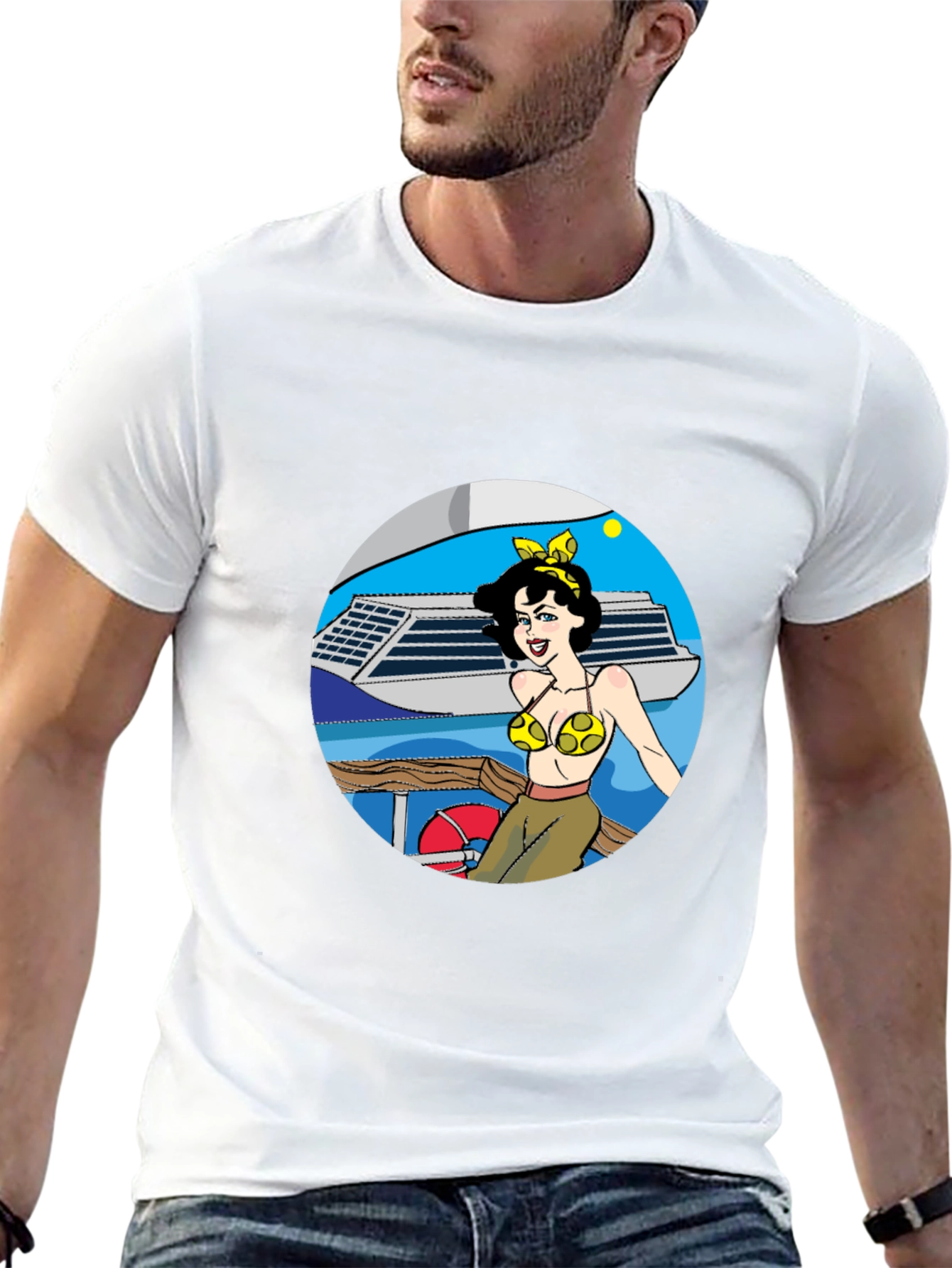 Black Cartoon Woman on Boat Graphic Tee - Black Cotton Blend view 13