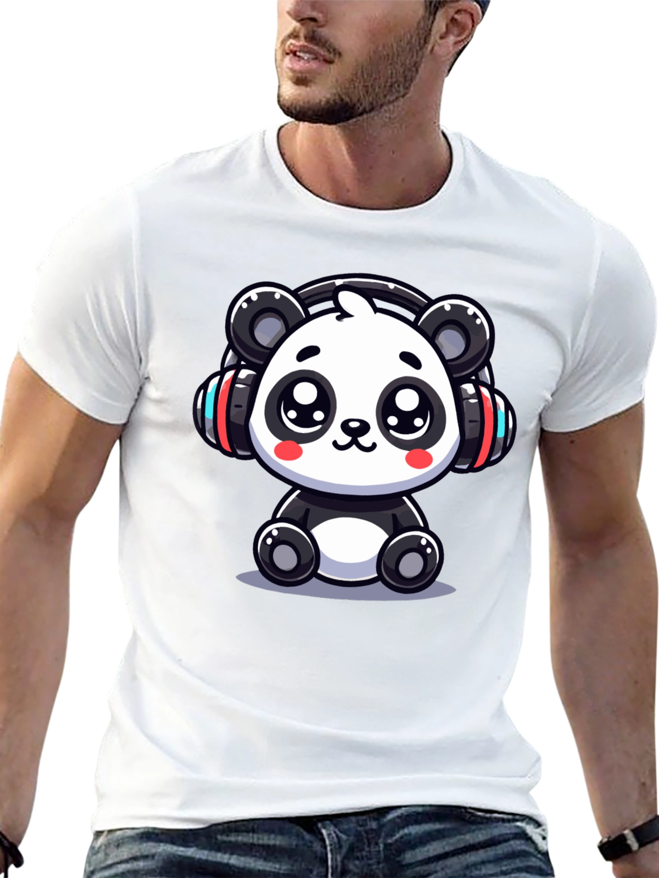 Black Cute Panda Headphones Black T-Shirt view 13