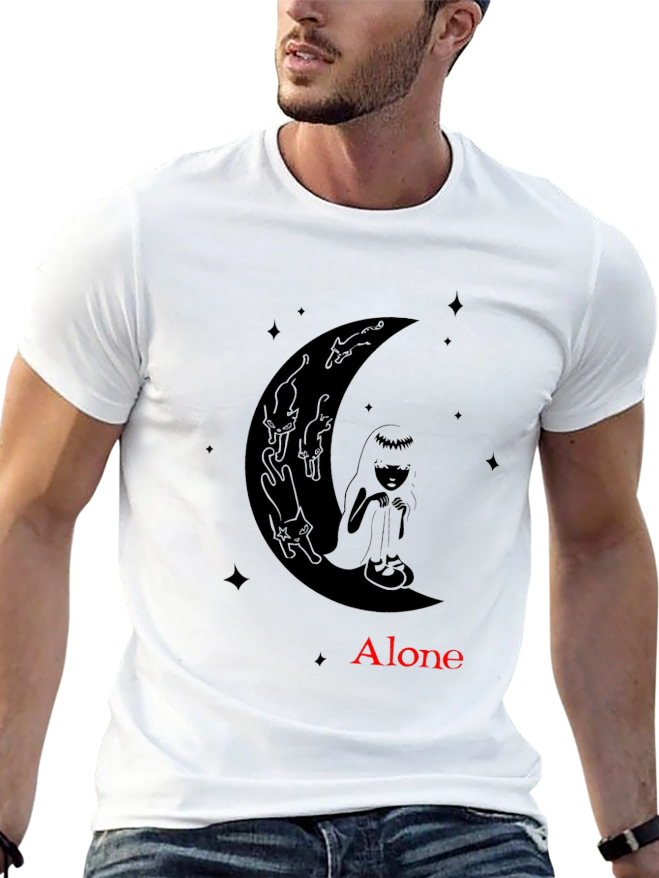 Black Alone Girl & Cats Moon Graphic Tee - Black view 13