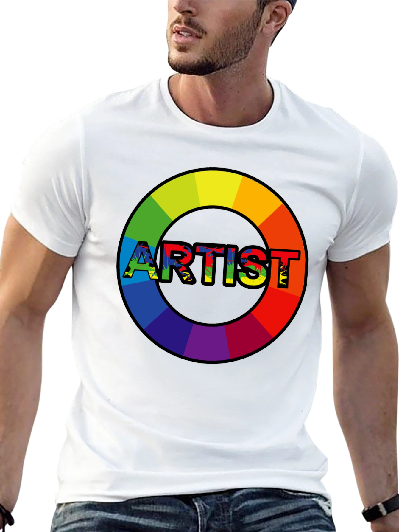 Black Rainbow Artist Circle Graphic Tee - Black Cotton Casual T-Shirt view 13