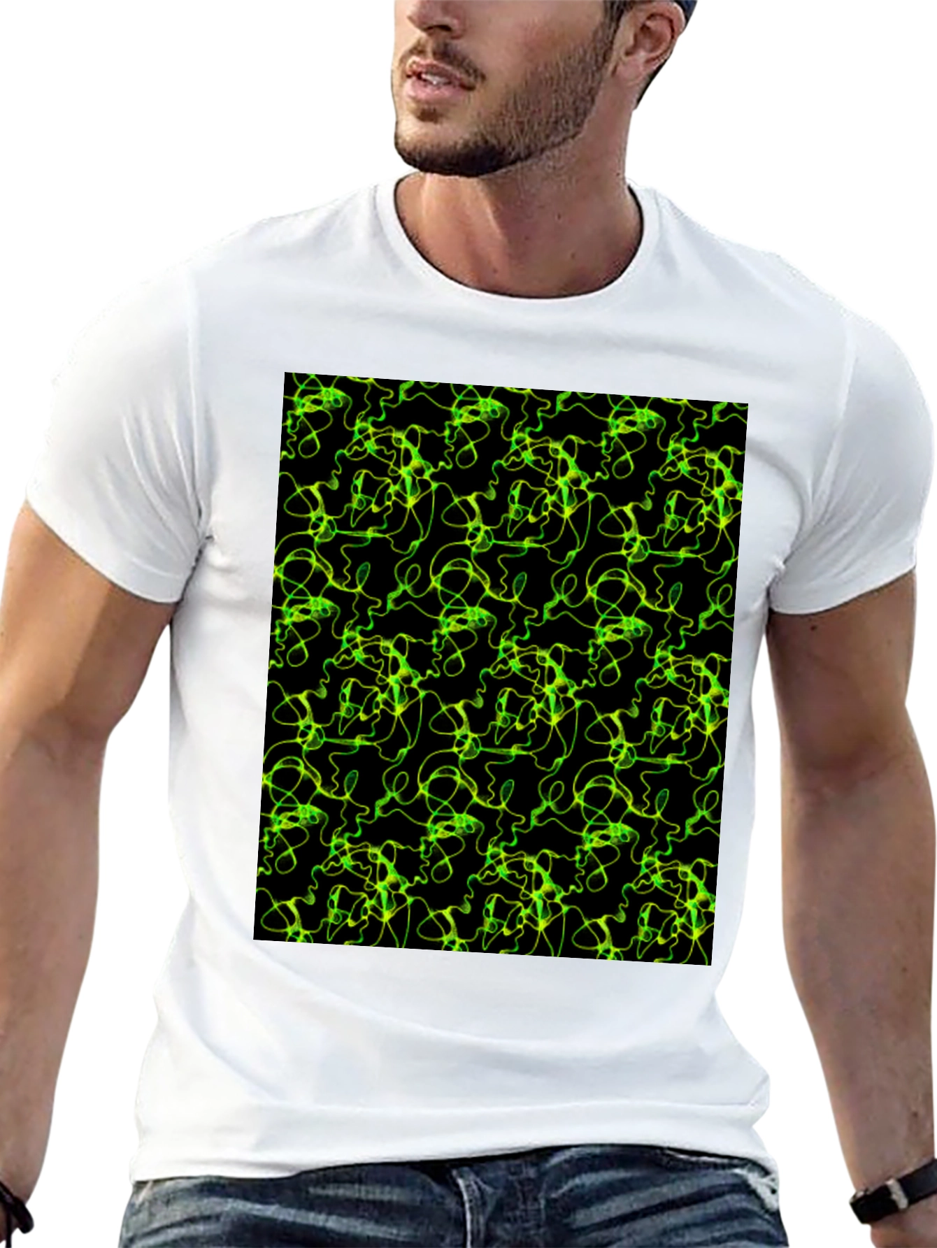 Black Abstract Green Line Pattern Black T-Shirt view 13