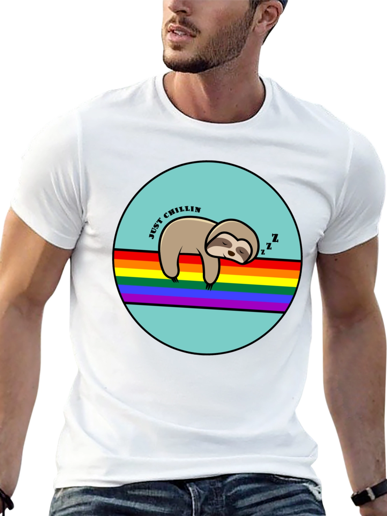 Black Just Chillin' Sloth Graphic T-Shirt - Rainbow LGBT Pride view 13