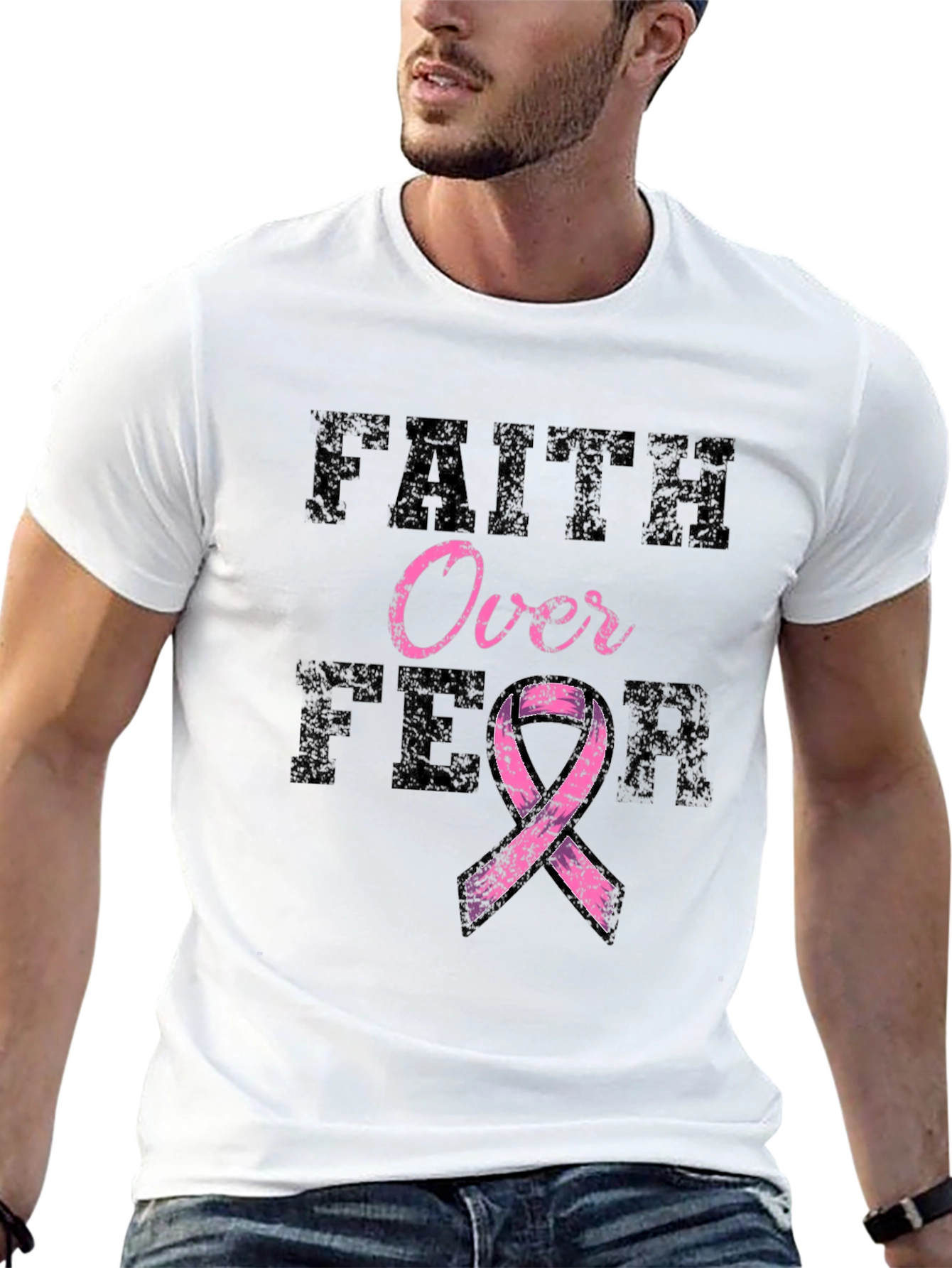 Black Faith Over Fear Breast Cancer Awareness T-Shirt view 13