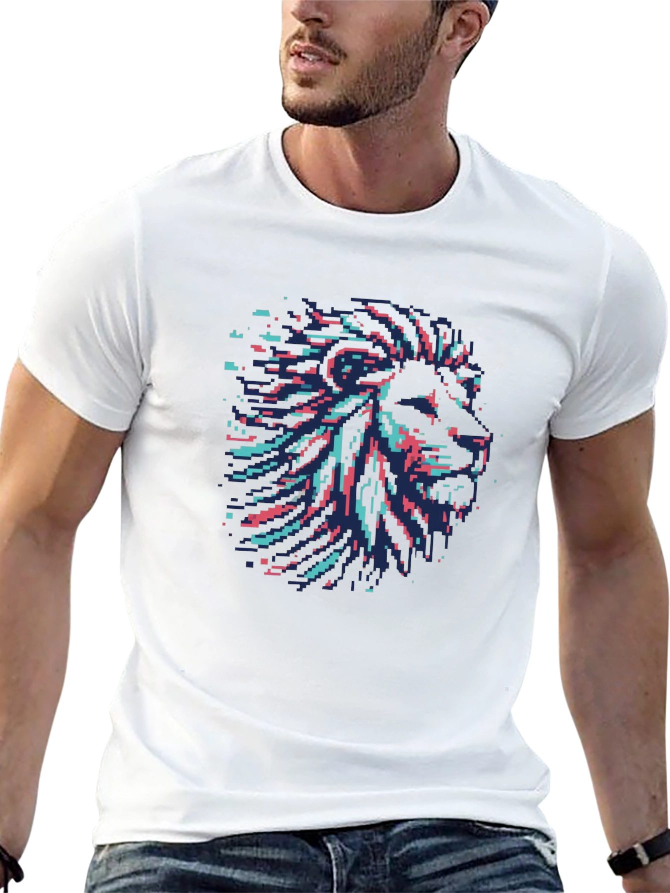 Black Pixel Art Lion Head Graphic Black T-Shirt view 13