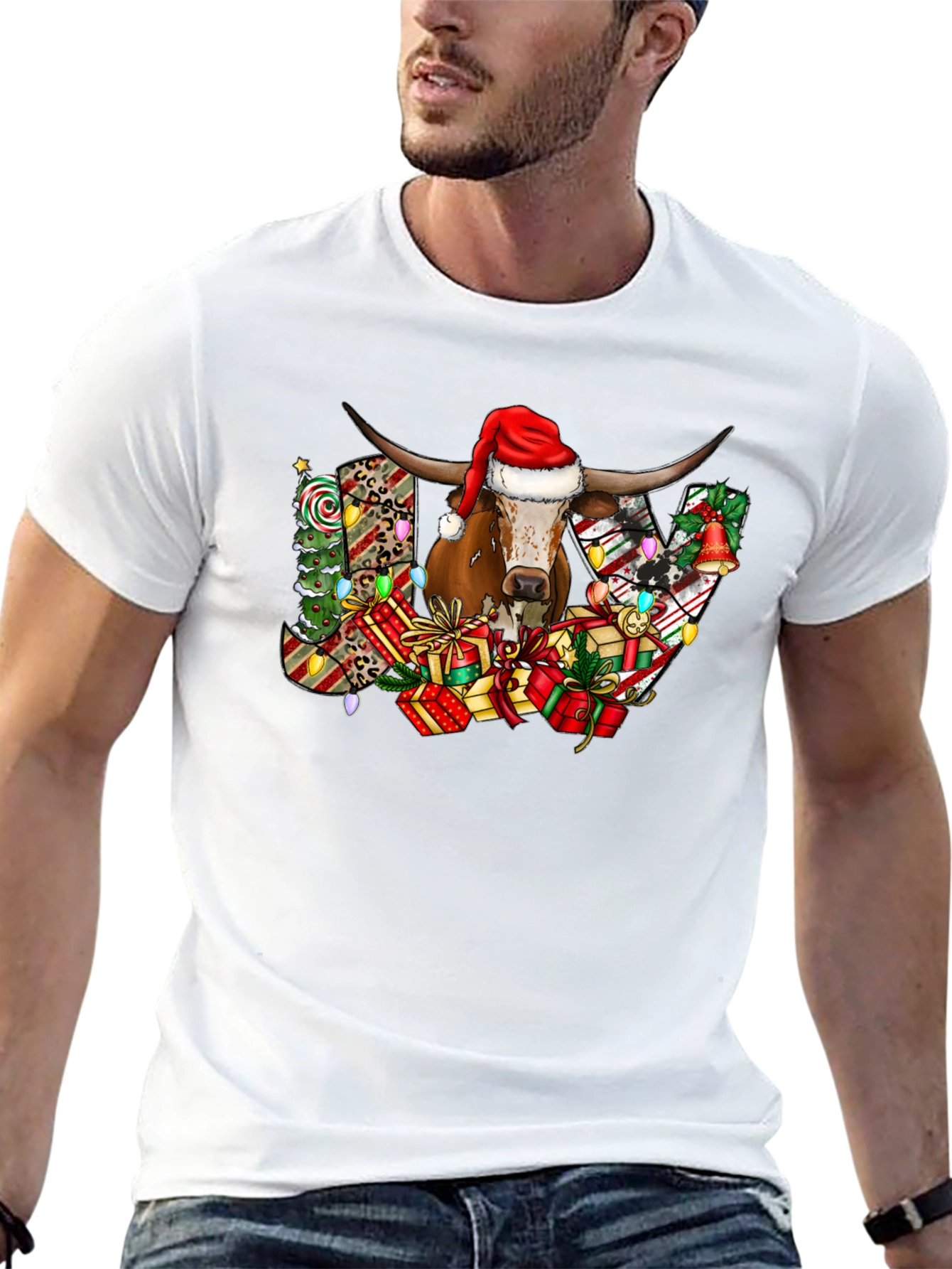 Black Festive Bull JOY Graphic Tee - Christmas Holiday Shirt view 13
