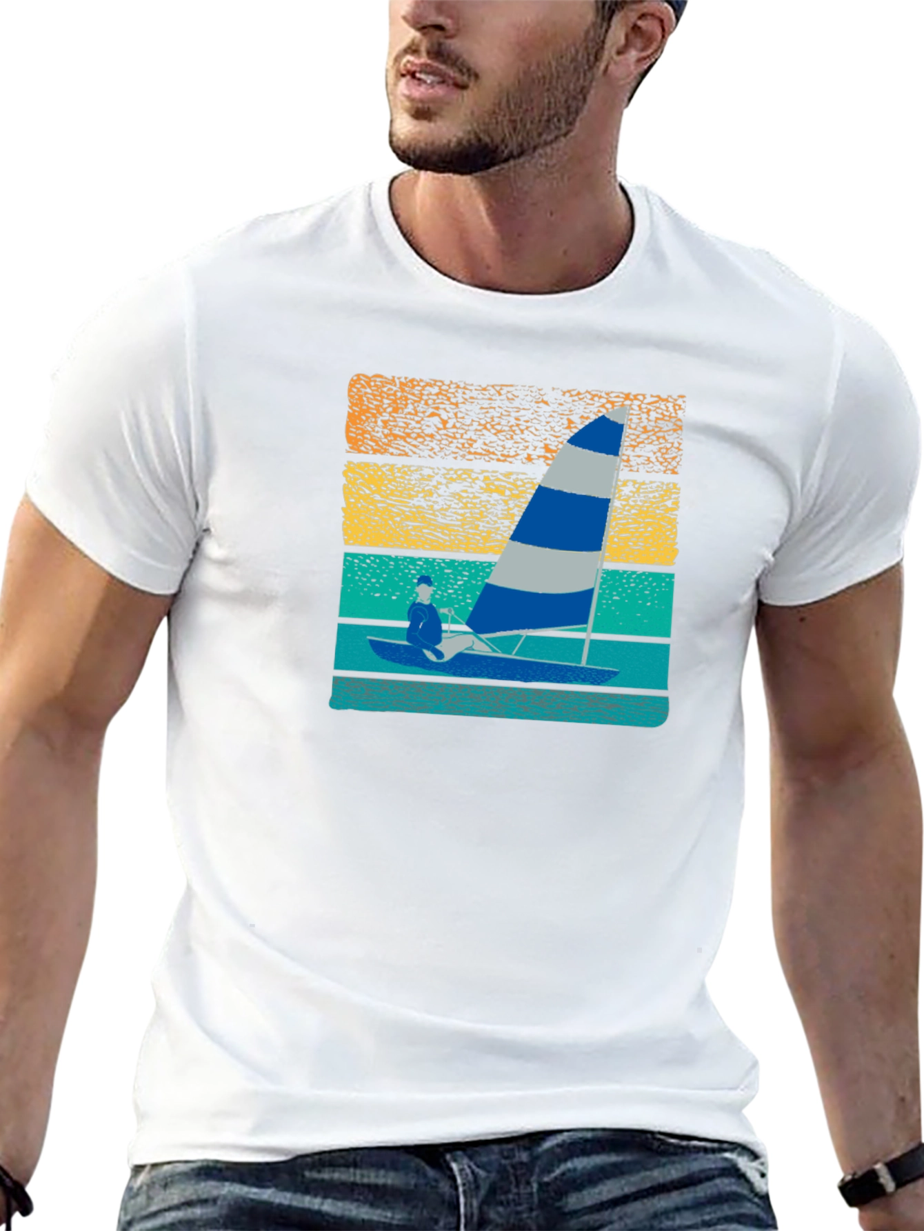 Black Sailing T-Shirt with Retro Sunset Design view 13