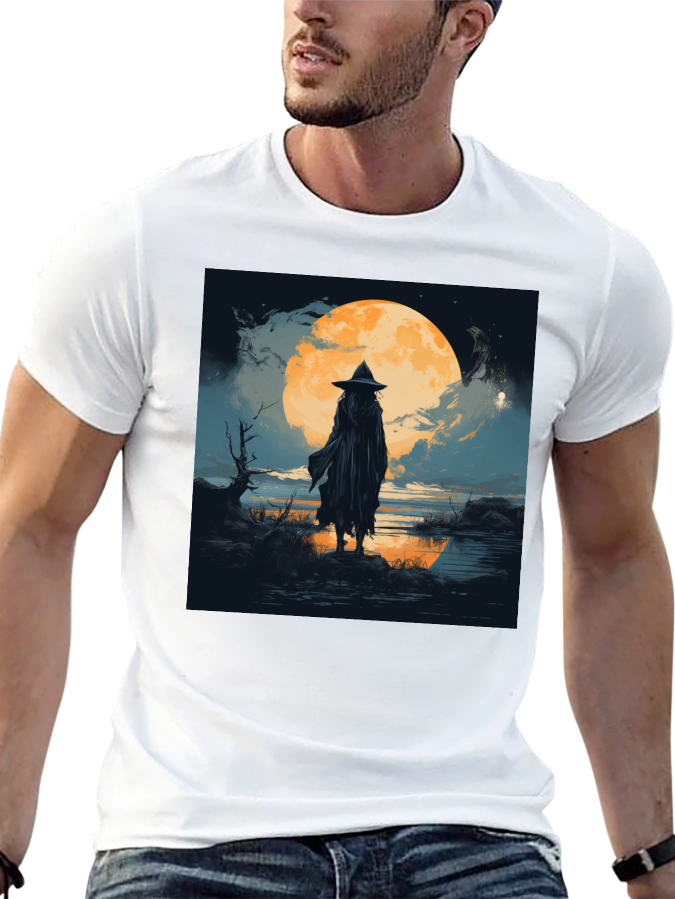 Witch at Moonlight Graphic Tee - Men's Black T-Shirt - 13