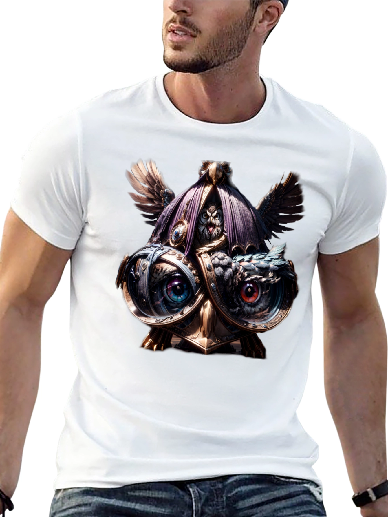 Black Steampunk Owl T-Shirt - Unique Art Tee view 13