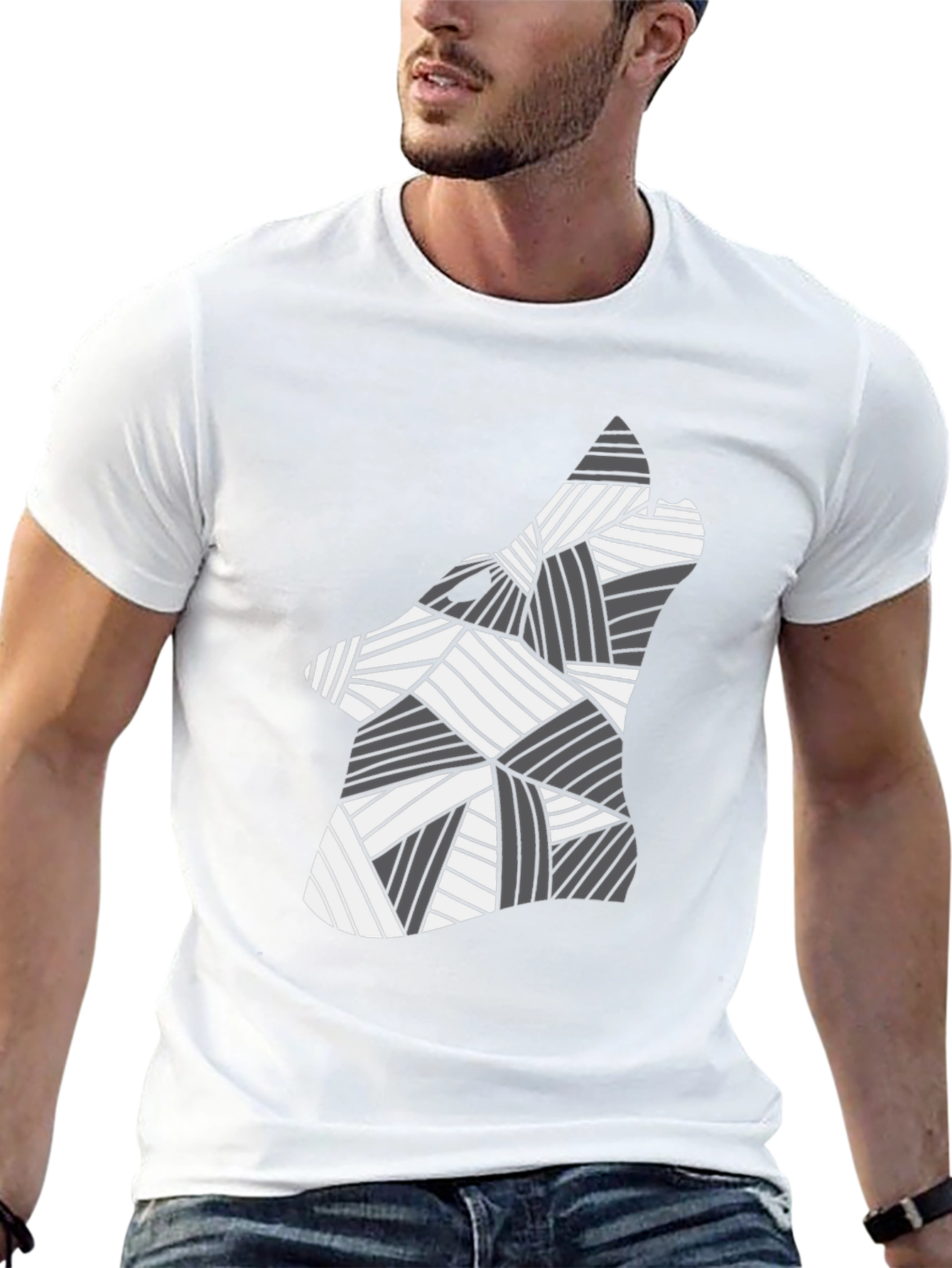 Black Abstract Geometric Wolf Graphic Black Tee Shirt view 13