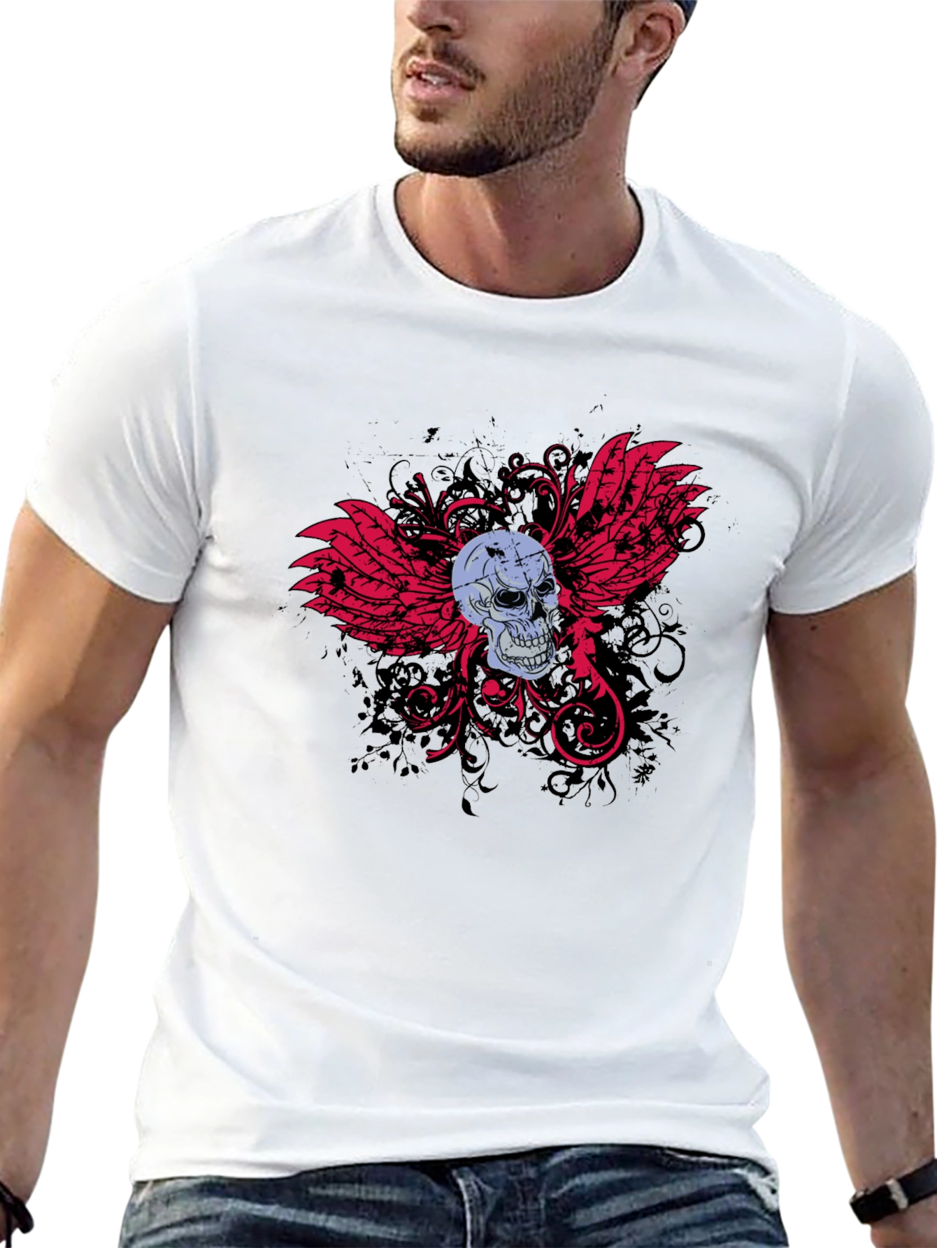 Black Skull & Wings Graphic T-Shirt - Edgy Design view 13