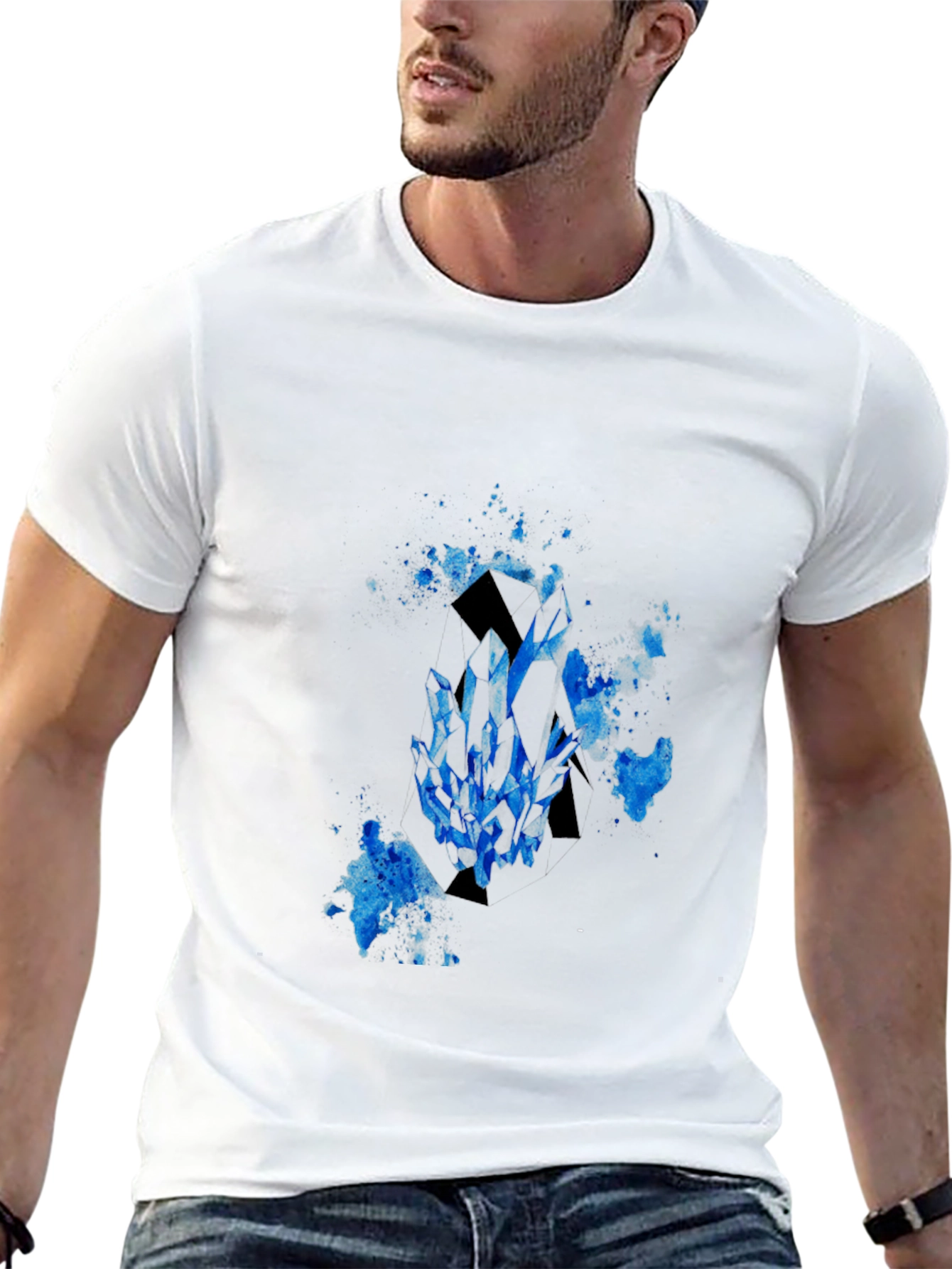 Black Men's Black T-Shirt with Blue Crystal Graphic view 13