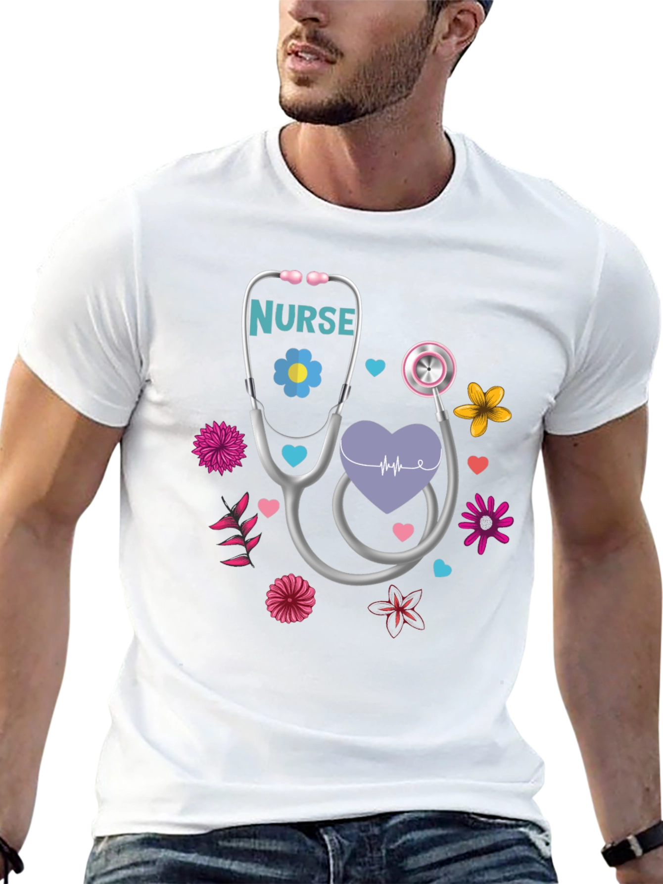 Black Nurse Stethoscope Floral Heart T-Shirt view 13