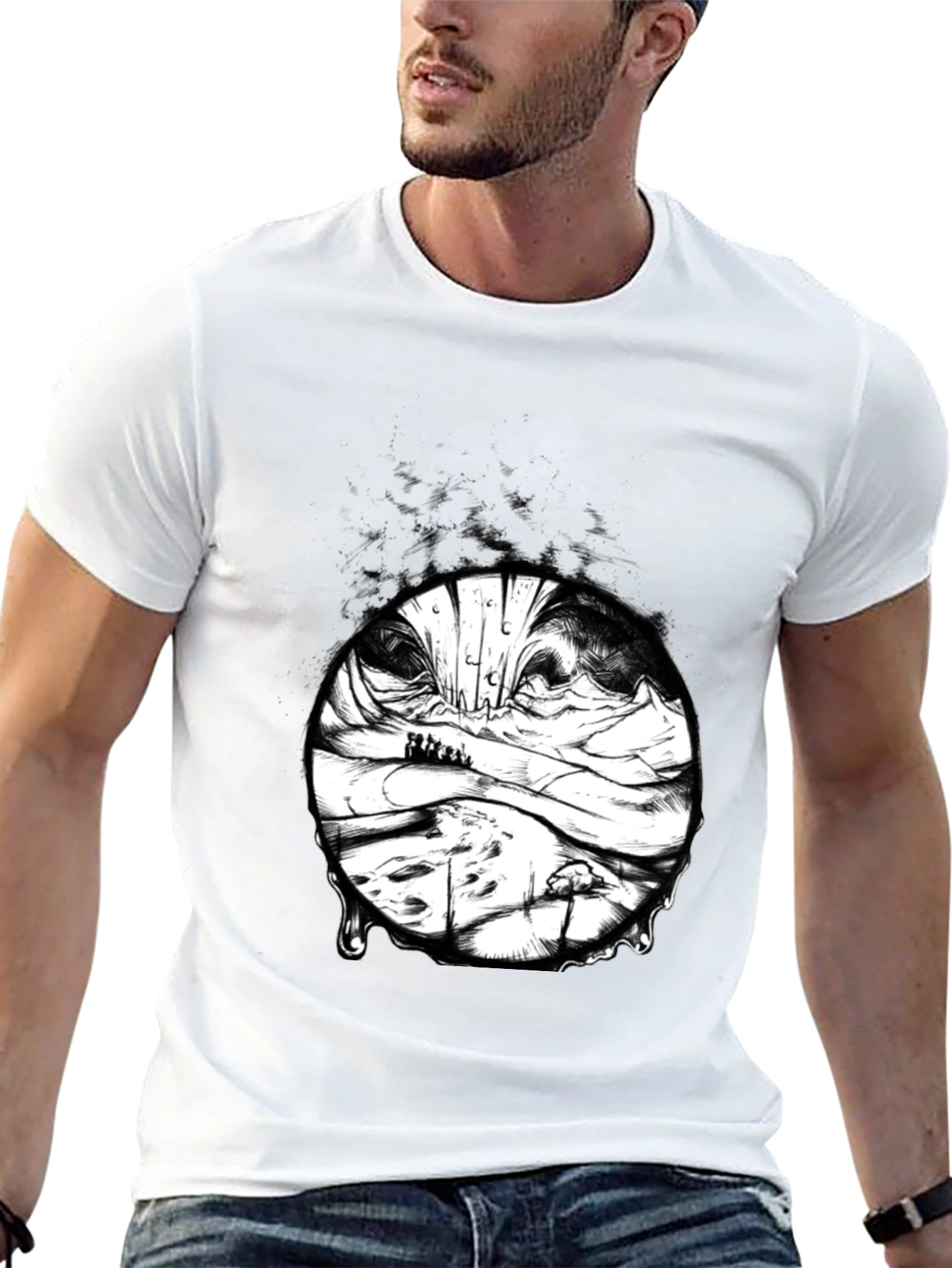 Black Artistic Black T-Shirt with Surreal Landscape Print view 13