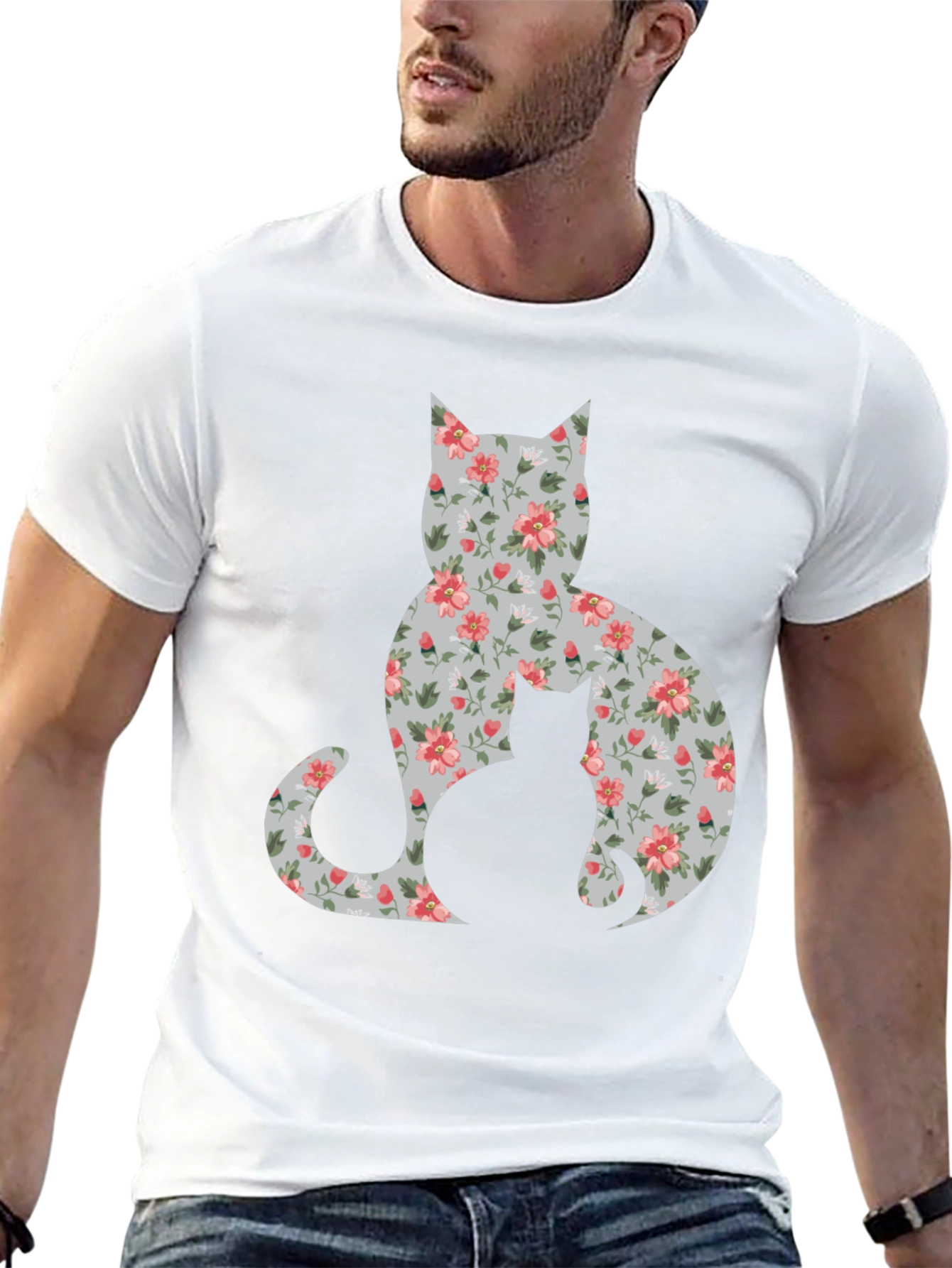 Black Floral Cat Silhouette T-Shirt - Stylish Tee view 13