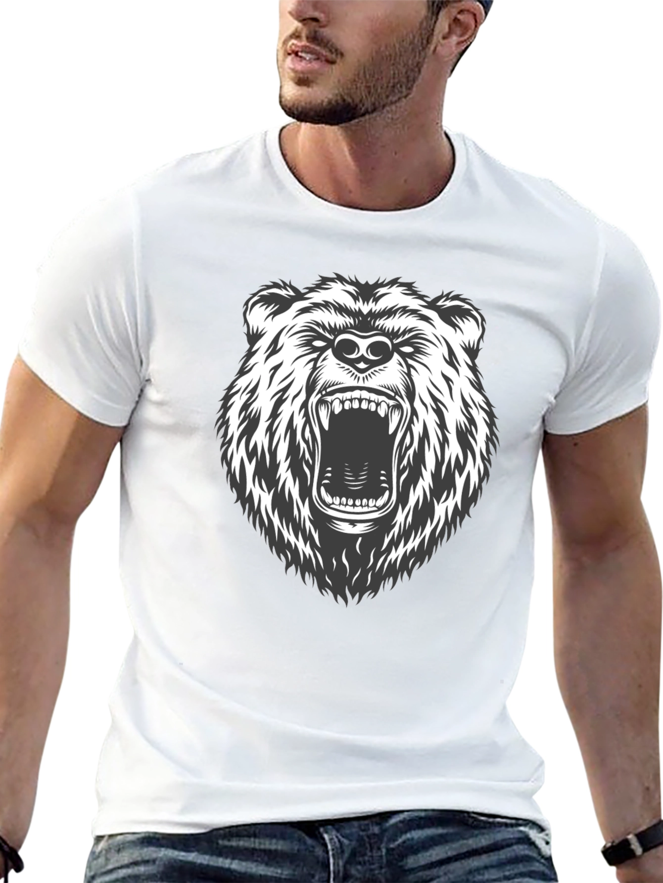 Black Men's Black T-Shirt with Roaring Bear Graphic view 13