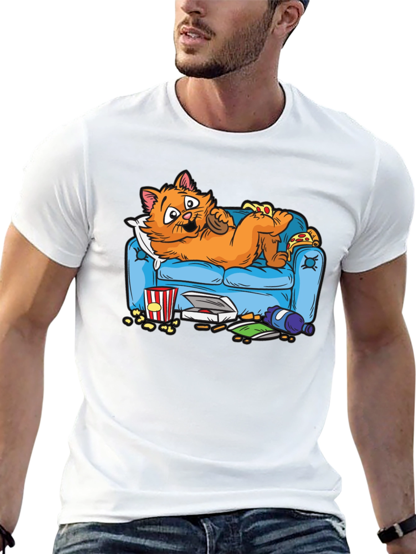 Black Funny Cat on Couch Men's T-Shirt - Pizza & Snacks! view 13