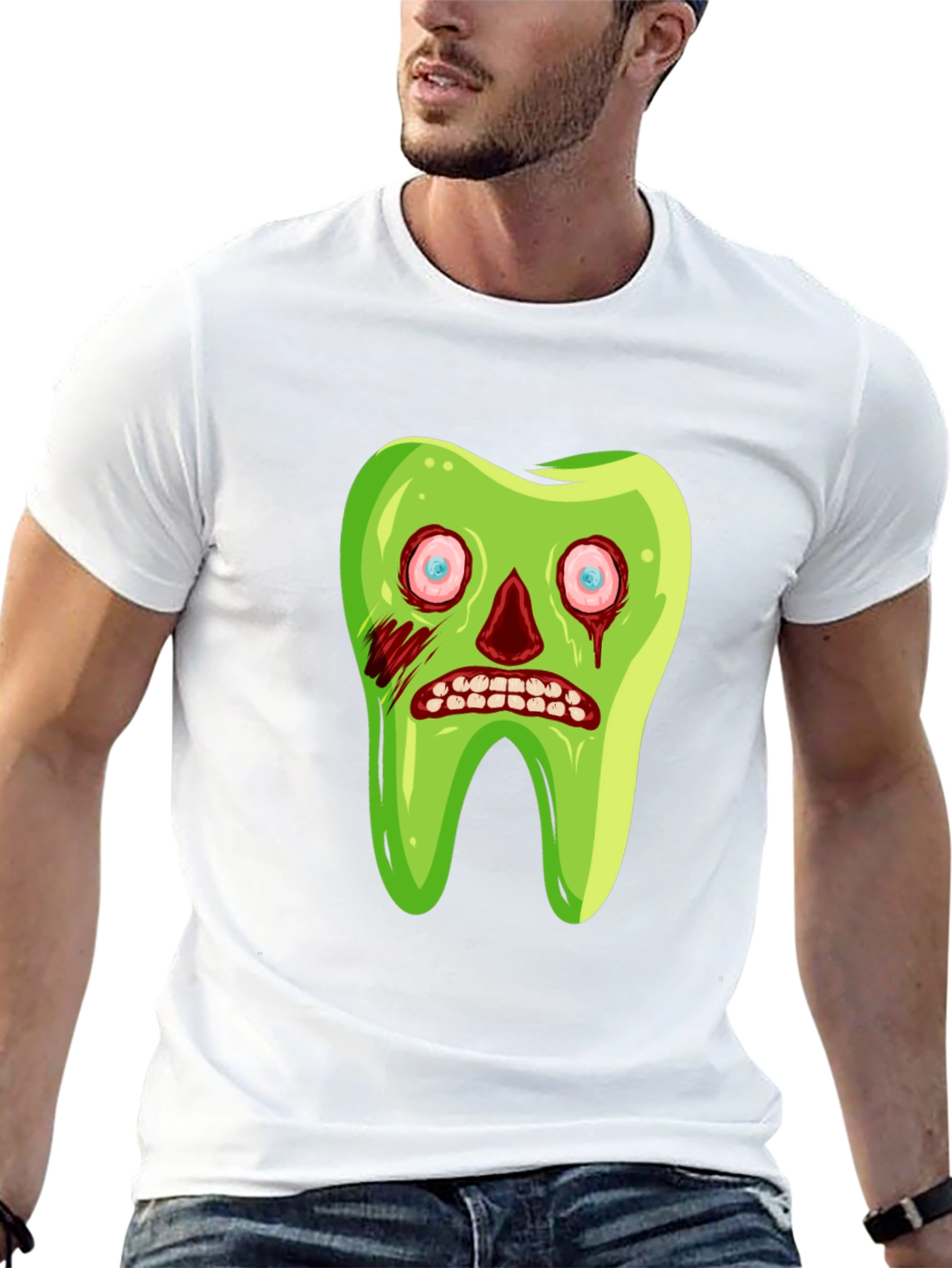 Black Zombie Tooth Graphic Tee - Novelty Halloween Shirt view 13