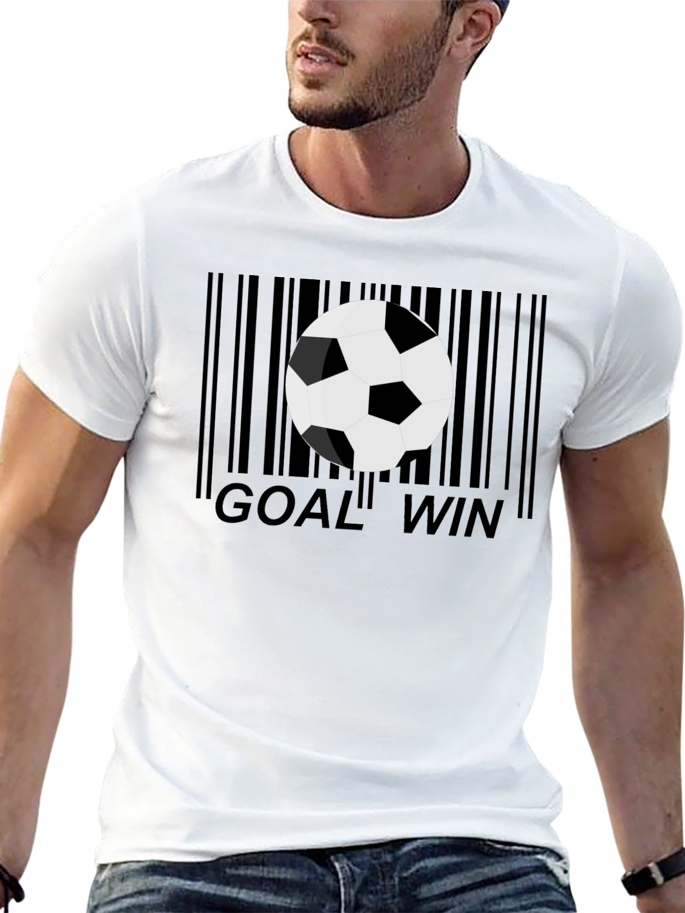 Black Goal Win Soccer Ball Barcode Men's Black Graphic T-Shirt view 13