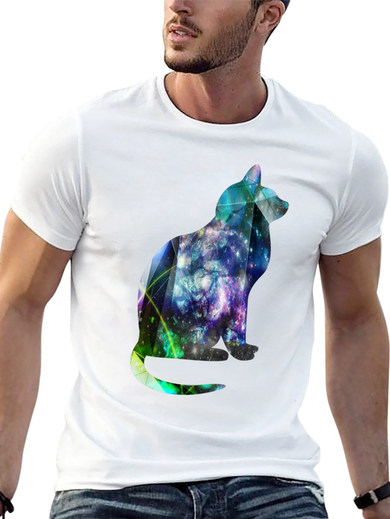 Black Galaxy Cat Graphic Tee - Stylish Men's Black T-Shirt view 13