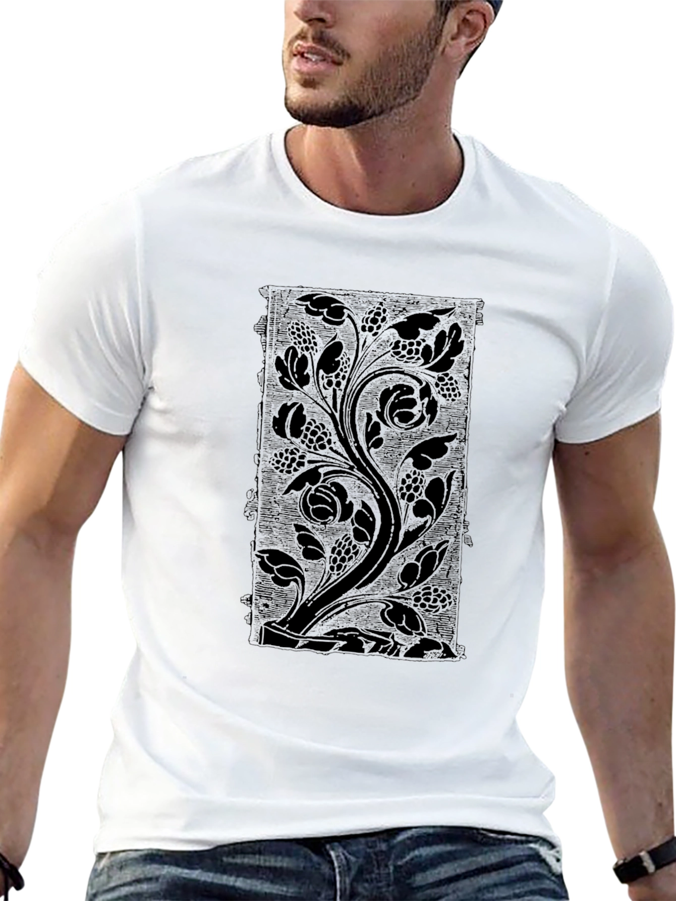 Black Floral Vine Print Black Crew Neck T-Shirt view 13