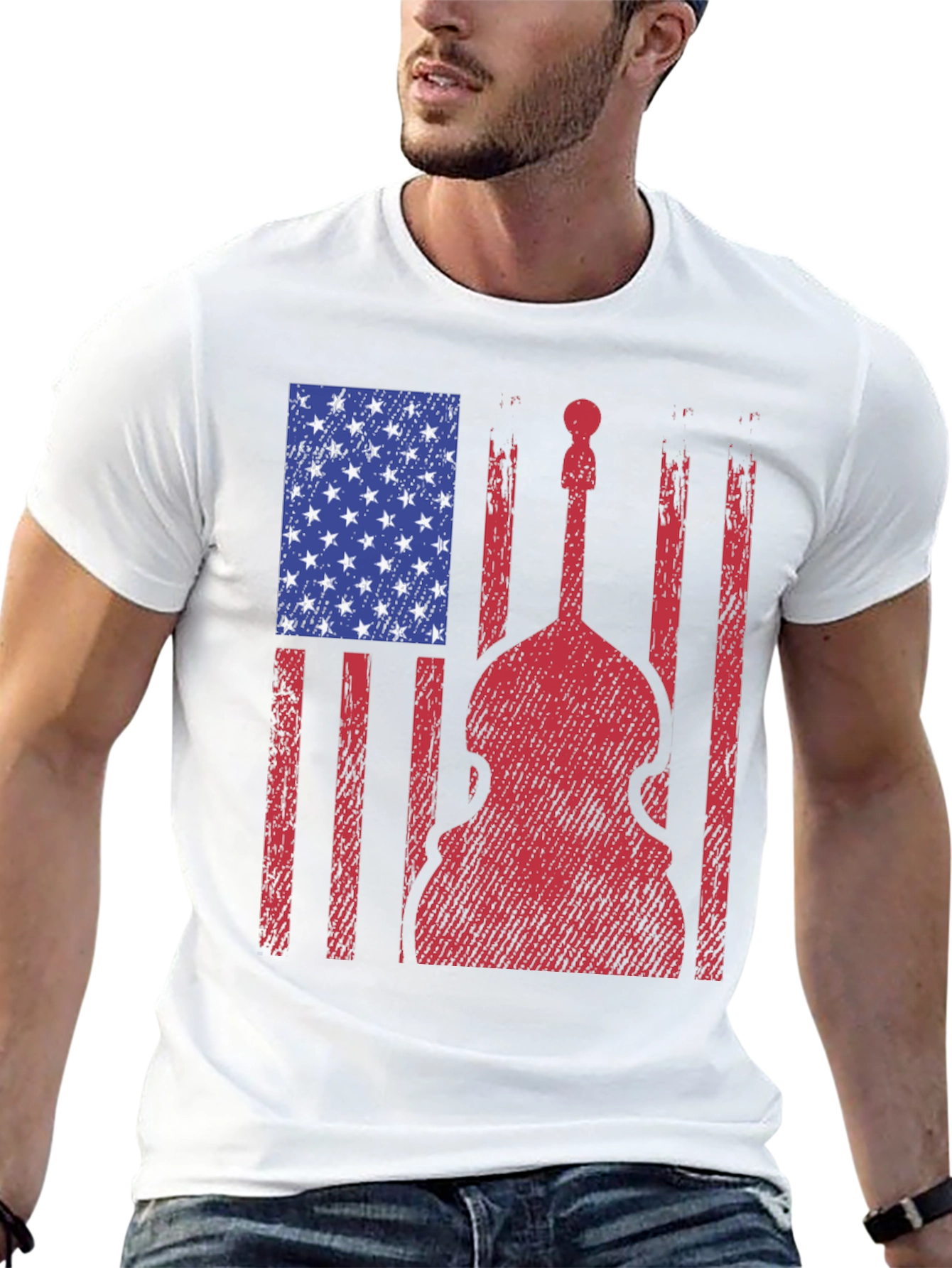 Black American Flag Bass Guitar Graphic T-Shirt view 13