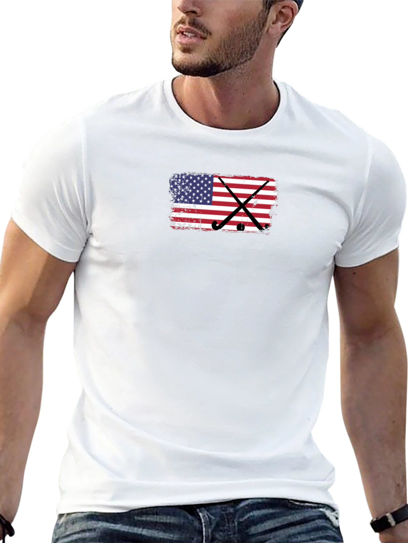 Black USA Flag Hockey Sticks T-Shirt view 13
