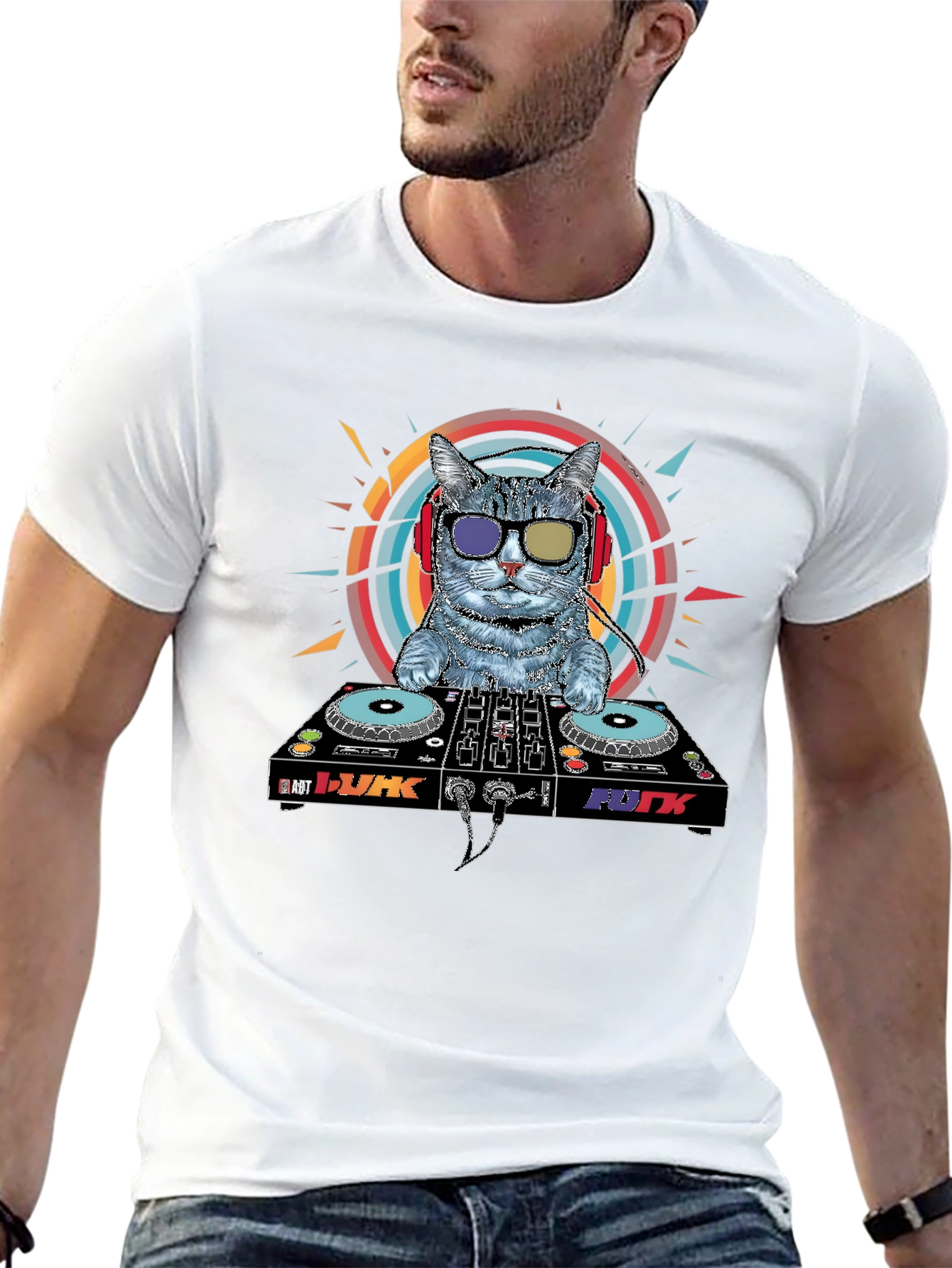 Black DJ Cat Graphic T-Shirt - Music Lover Apparel view 13