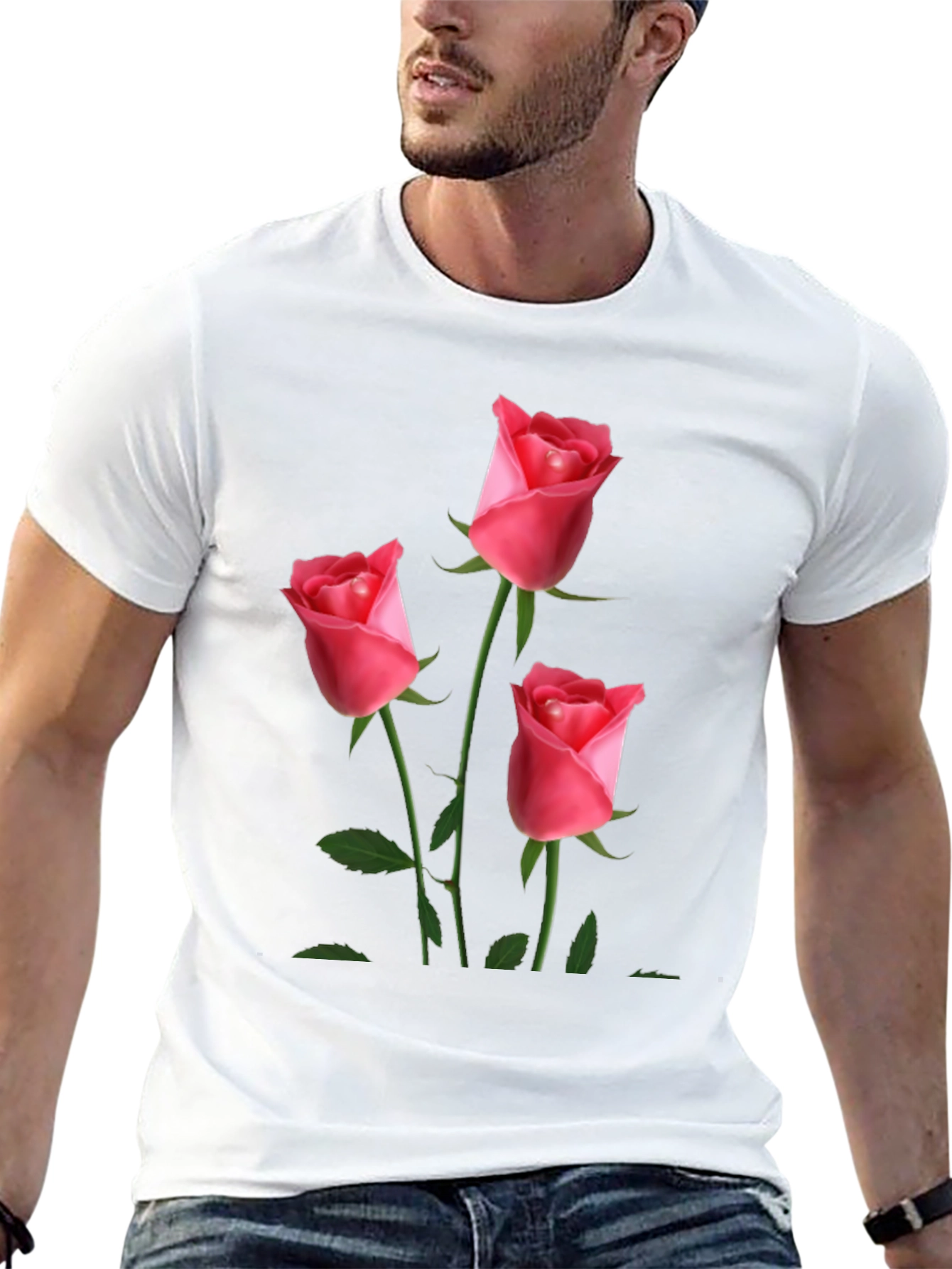 Black Men's Black T-Shirt with Rose Design view 13