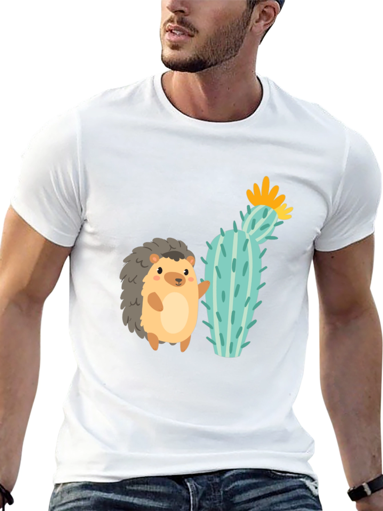 Black Cute Hedgehog & Cactus Graphic Tee - Unisex Black T-Shirt view 13