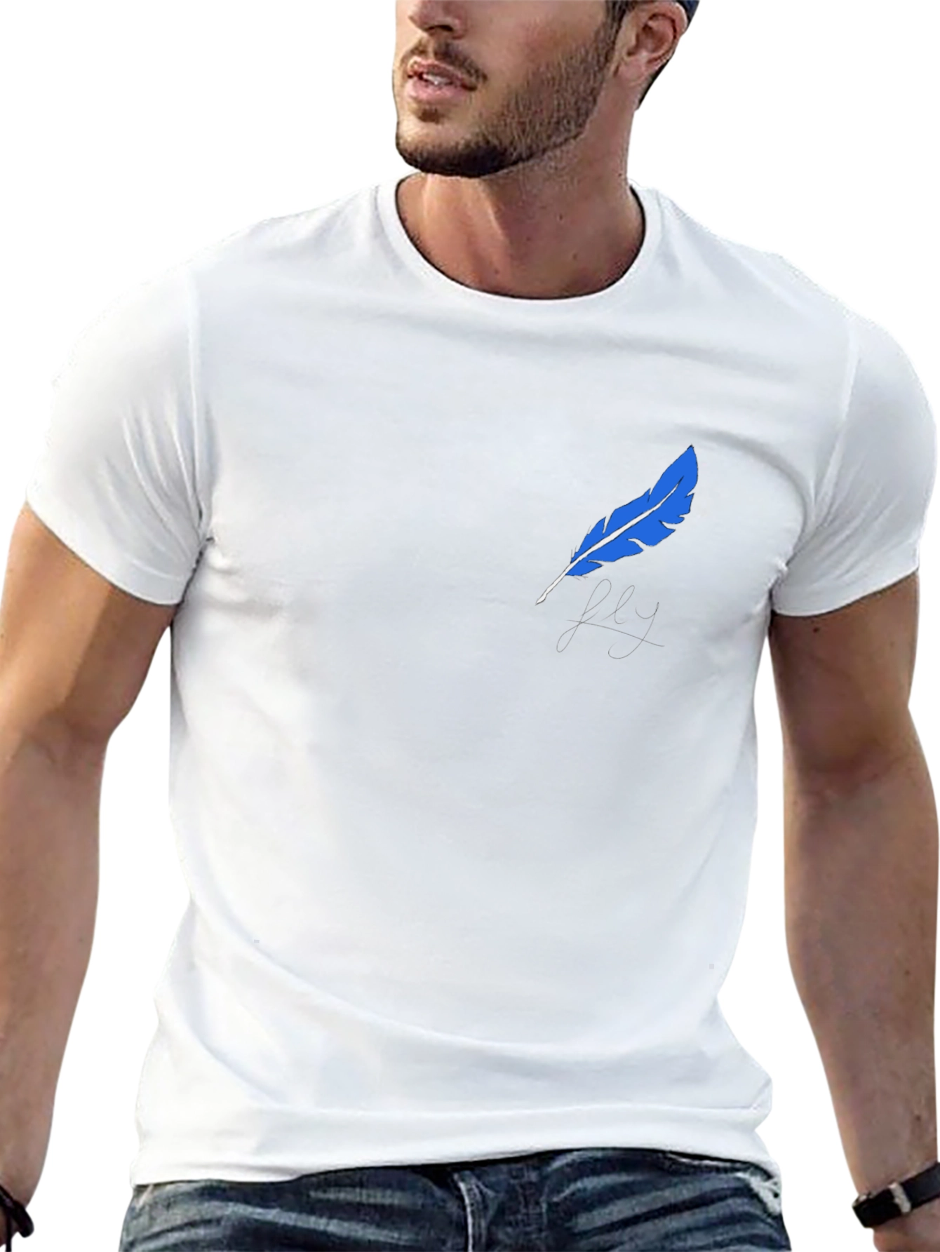 Black Black T-Shirt with Blue Feather Graphic view 13