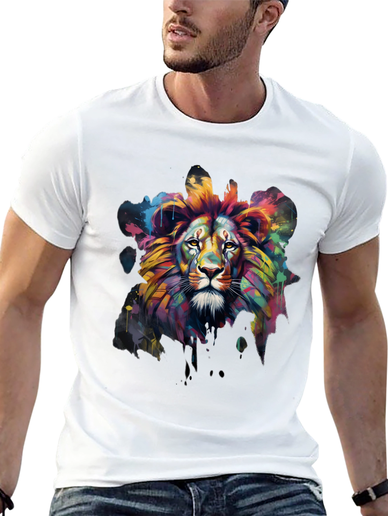 Black Colorful Lion Graphic Tee - Men's Black T-Shirt view 13