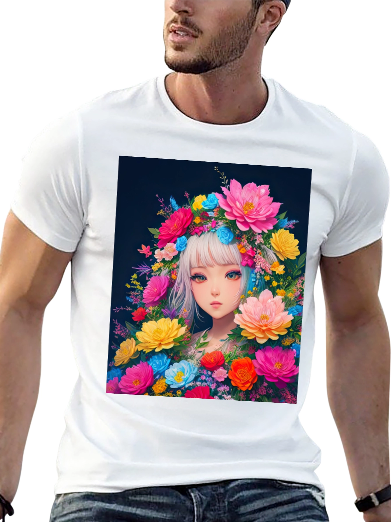 Black Floral Anime Girl Graphic Tee - Black Cotton T-Shirt view 13