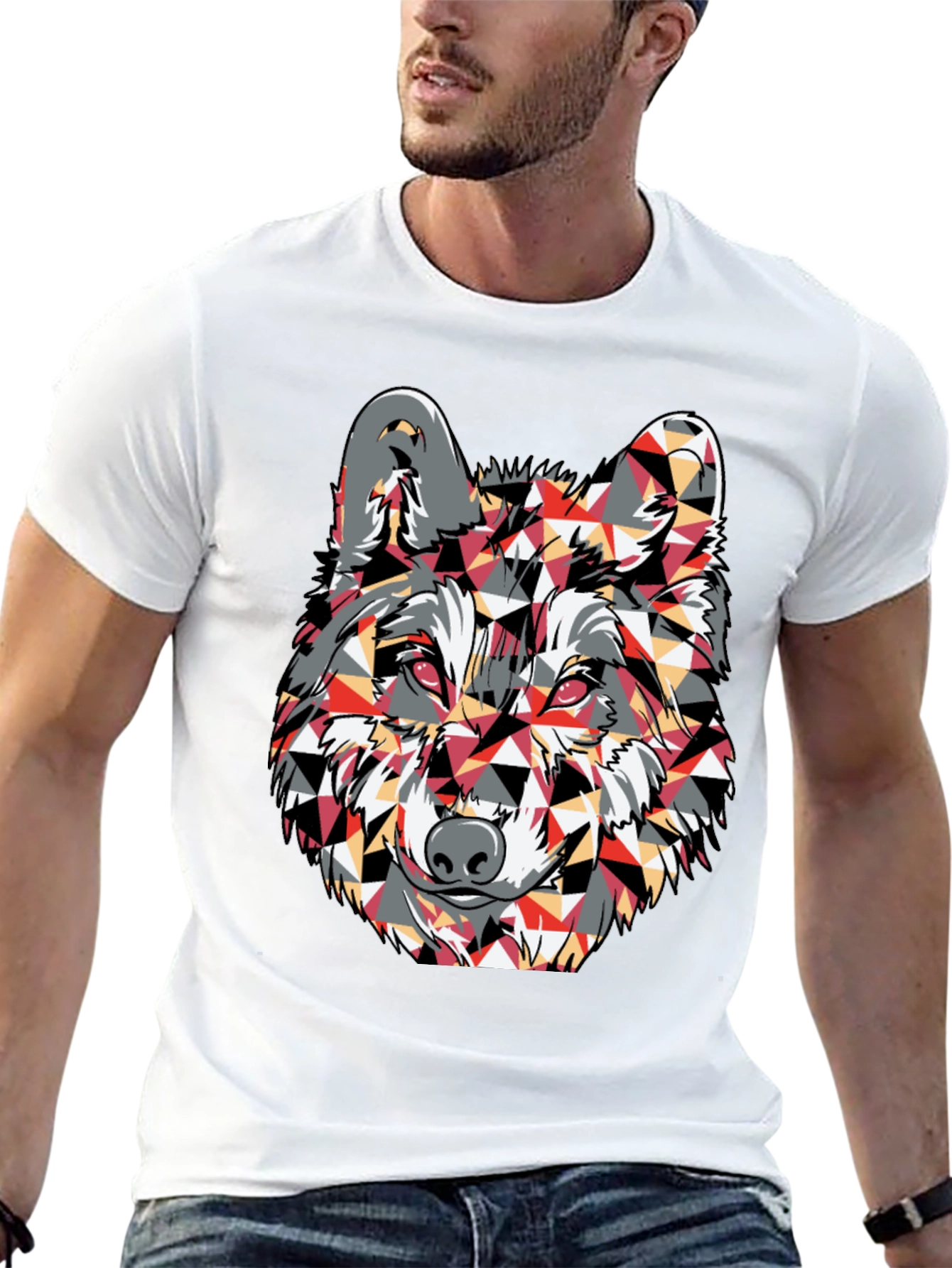 Black Geometric Wolf Graphic Print T-Shirt view 13