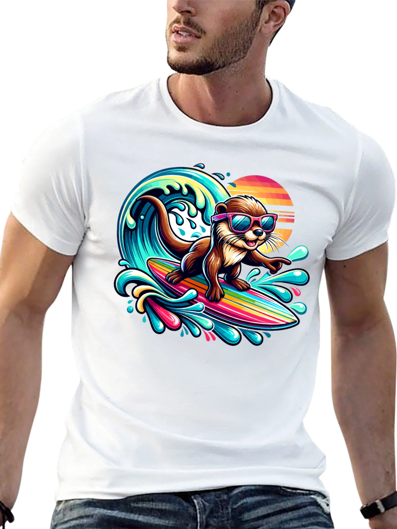 Black Surfing Otter T-Shirt - Cool Cartoon Graphic Tee view 13