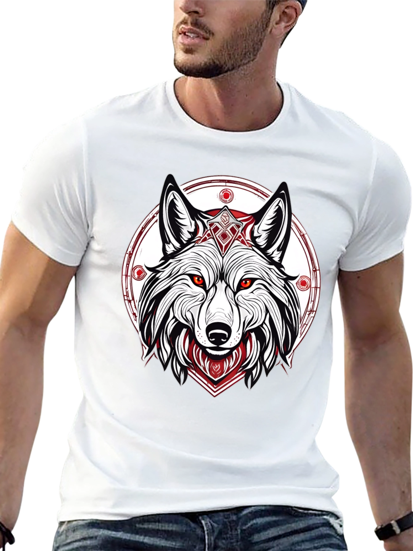 Black Men's Black T-Shirt with Wolf Graphic view 13