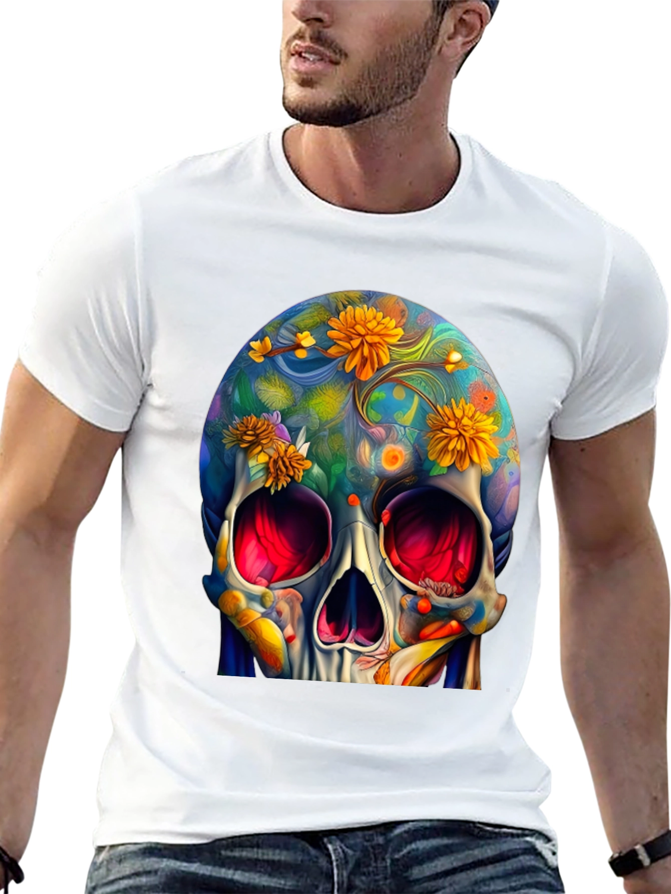 Black Floral Skull Graphic Tee - Unique Art Design view 13