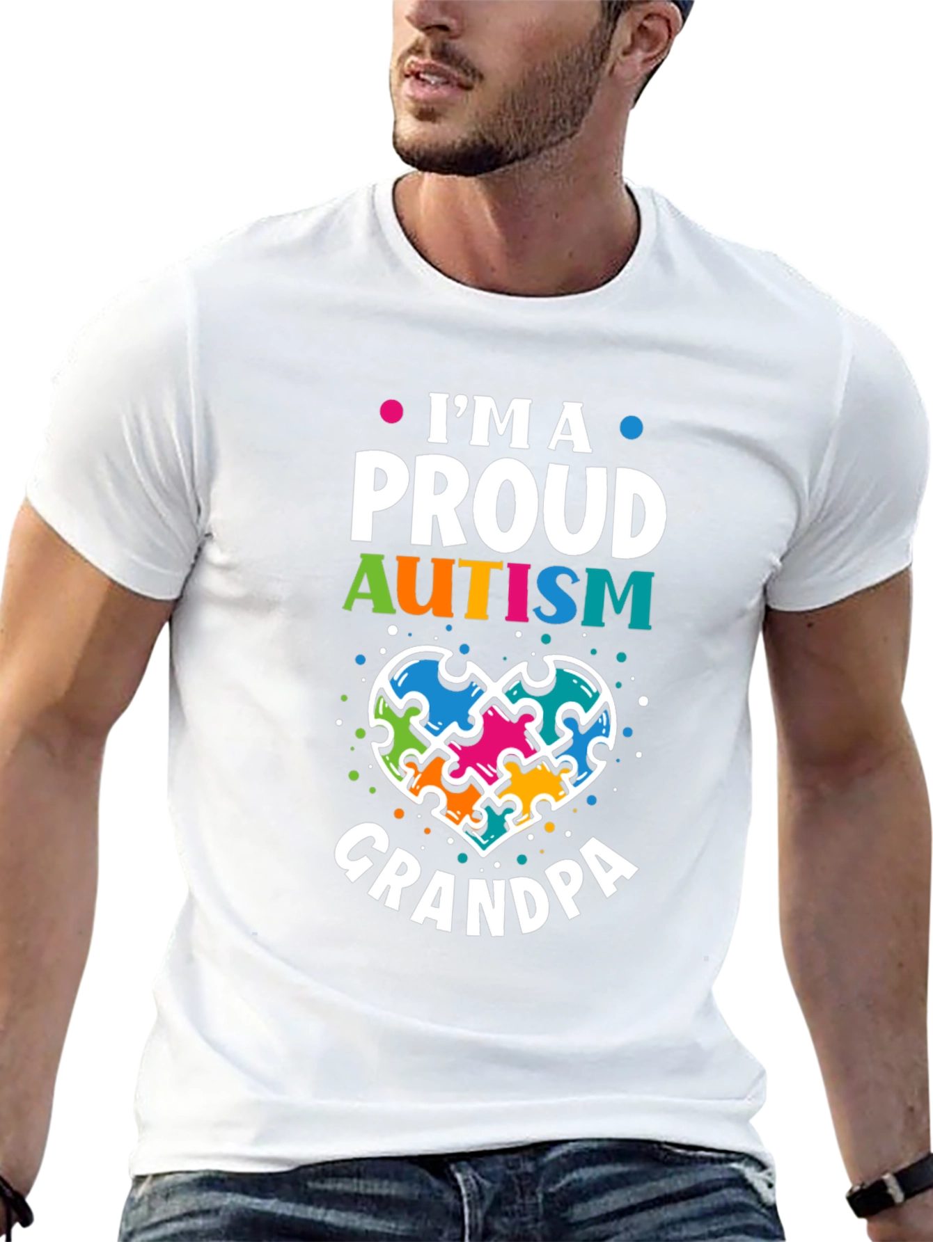 Black Proud Autism Grandpa T-Shirt Puzzle Piece Heart Support view 13