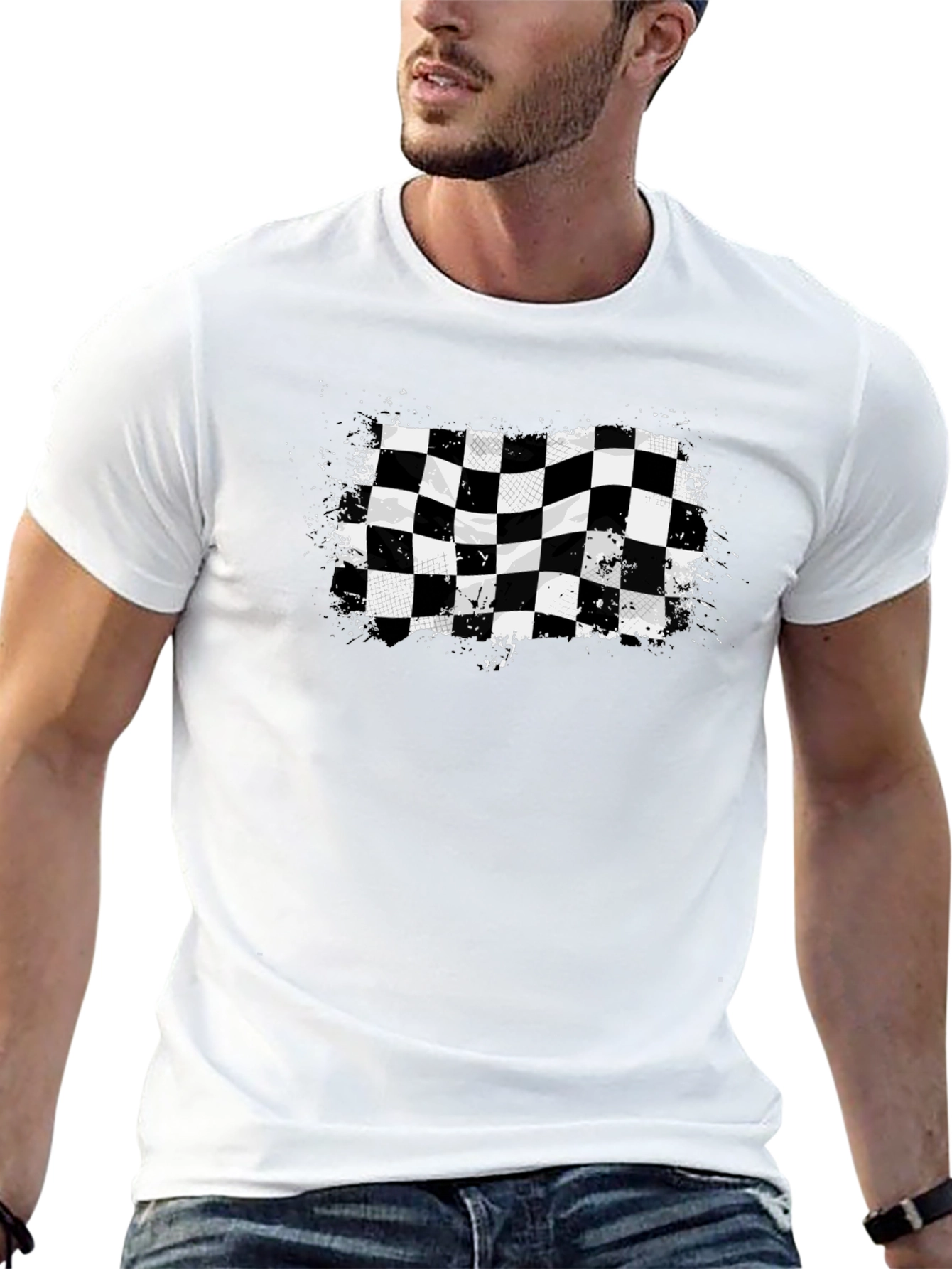 Black Checkered Flag Graphic Tee - Black Cotton T-Shirt view 13