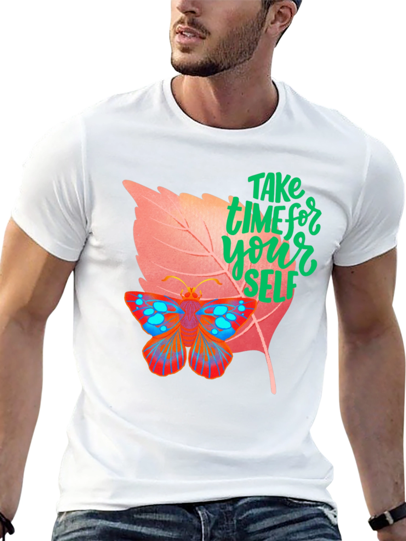 Black Take Time for Yourself T-Shirt Butterfly & Leaf Design view 13