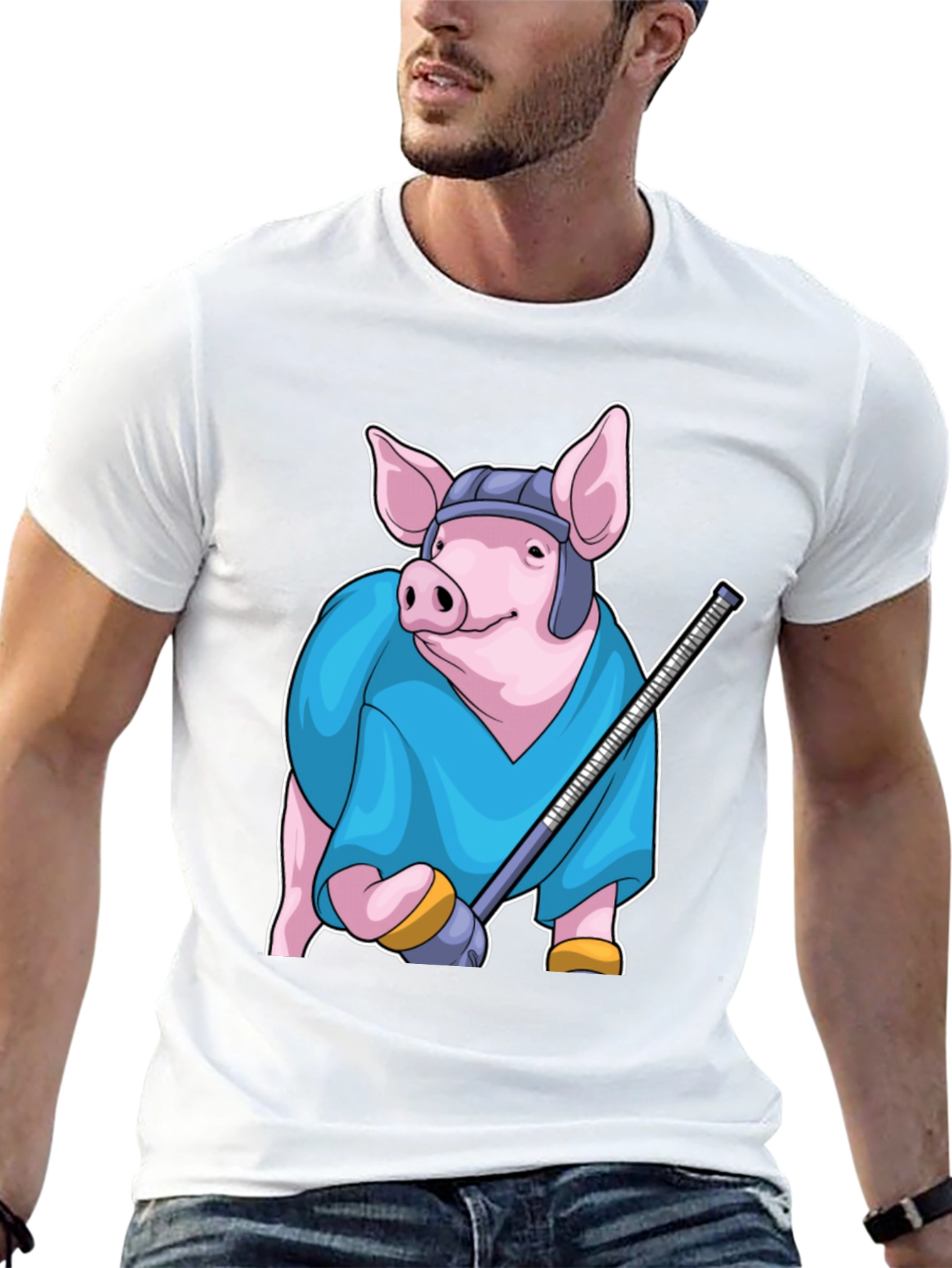 Black Hockey Pig T-Shirt - Funny Animal Sports Tee view 13