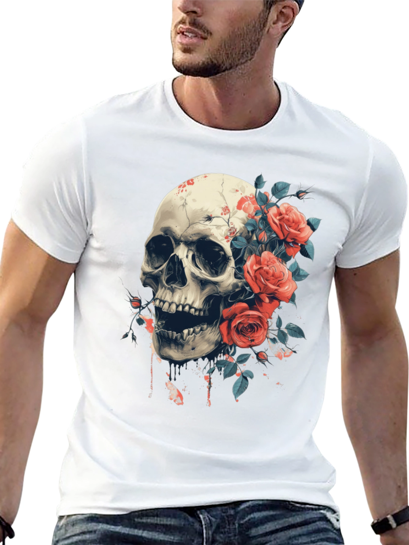 Black Skull & Roses Graphic Tee - Bold Gothic Style view 13