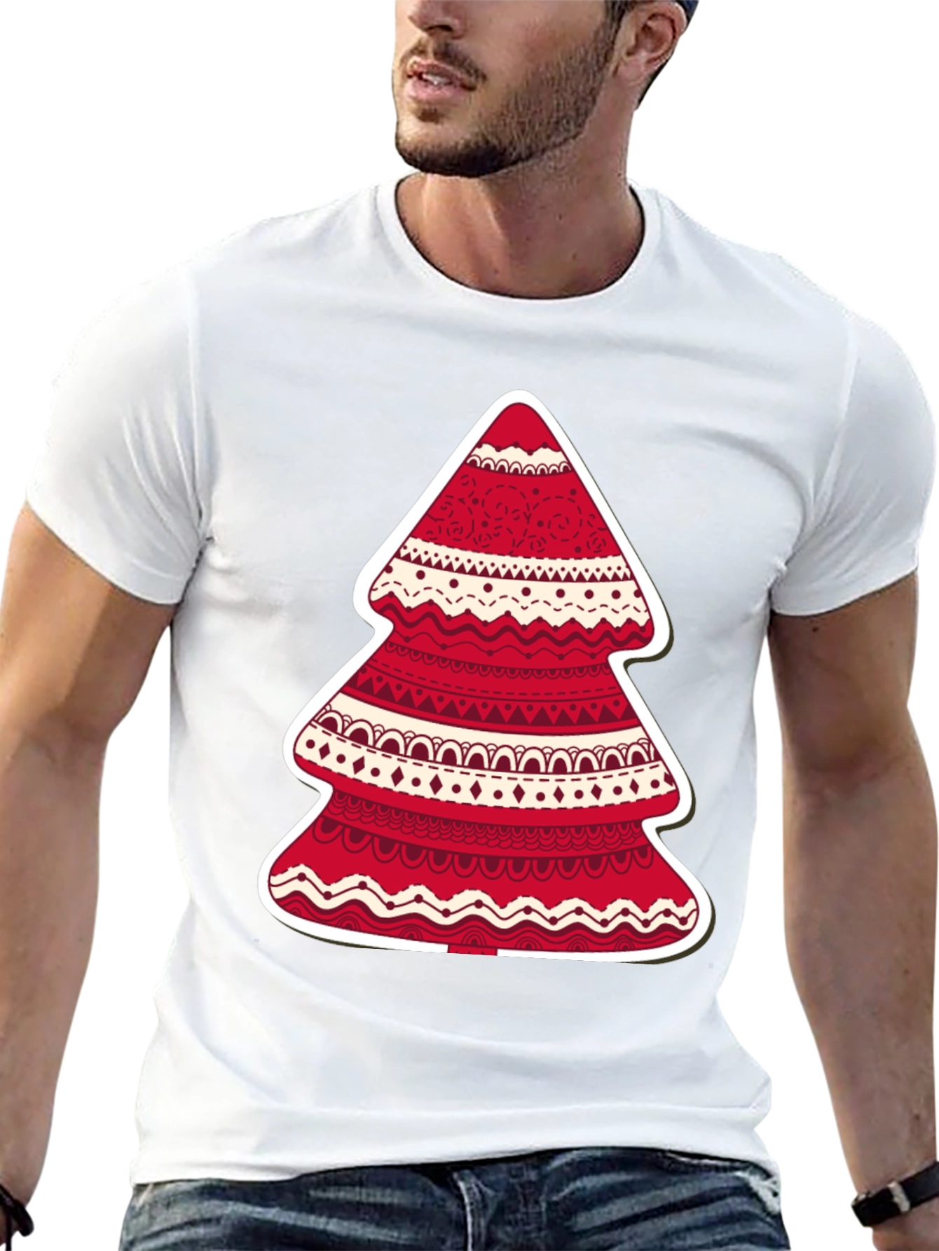 Festive Holiday Tree Graphic Tee - Red & White Design - 13