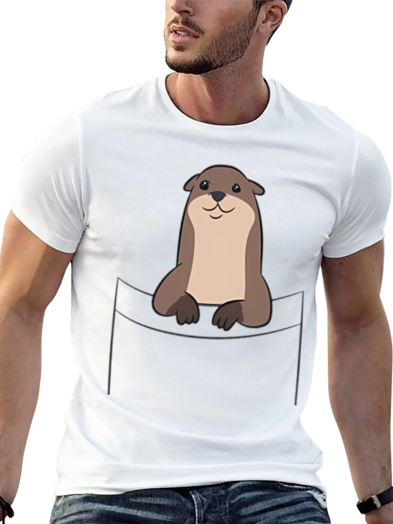 Black Otter Pocket T-Shirt - Cute Animal Graphic Tee view 13