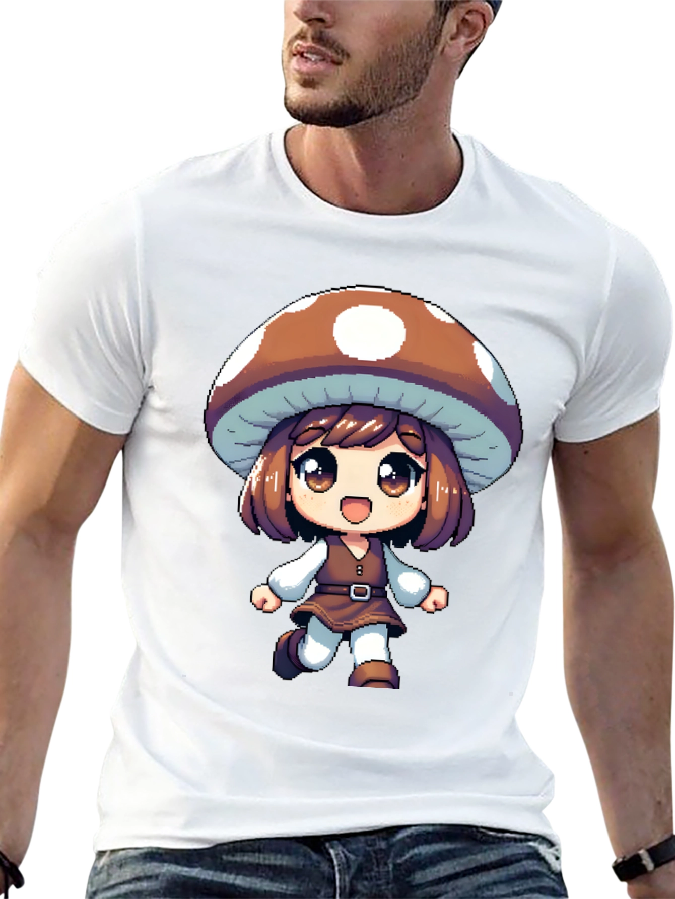 Black Mushroom Girl Black T-Shirt Anime Pixel Art view 13