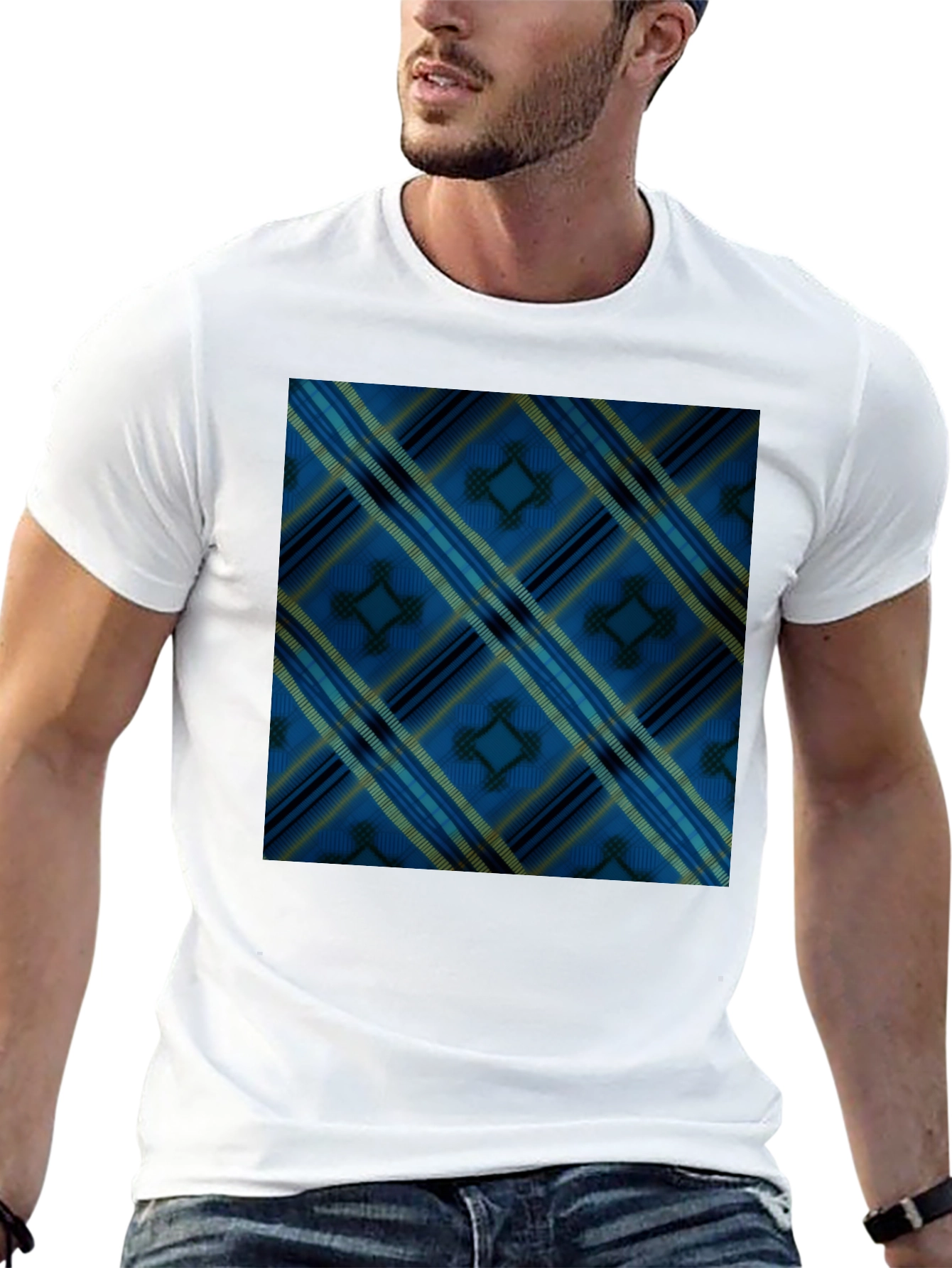 Black Blue Plaid Pattern Black T-Shirt view 13