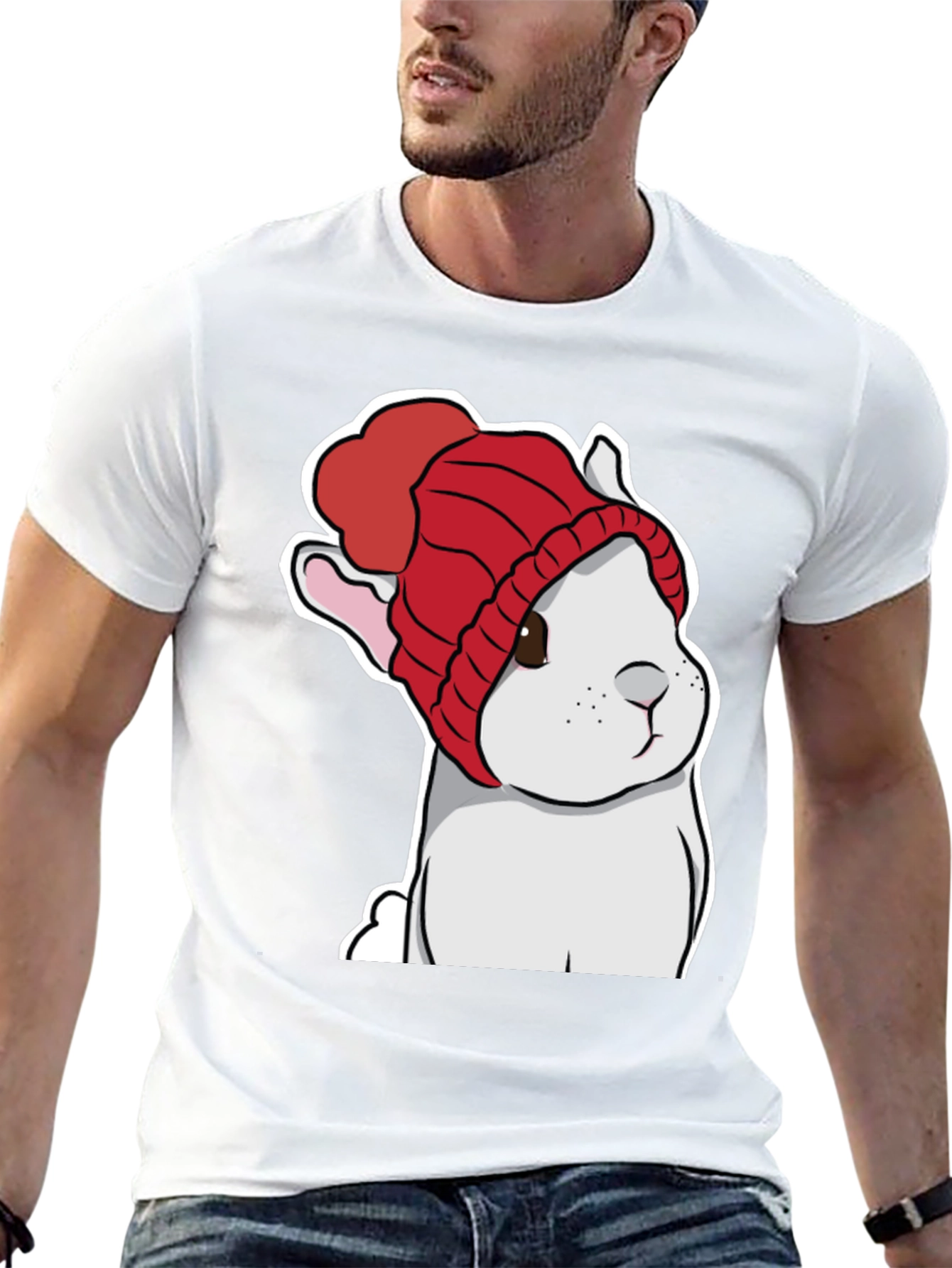 Black Cute Bunny in Red Knit Hat T-Shirt view 13