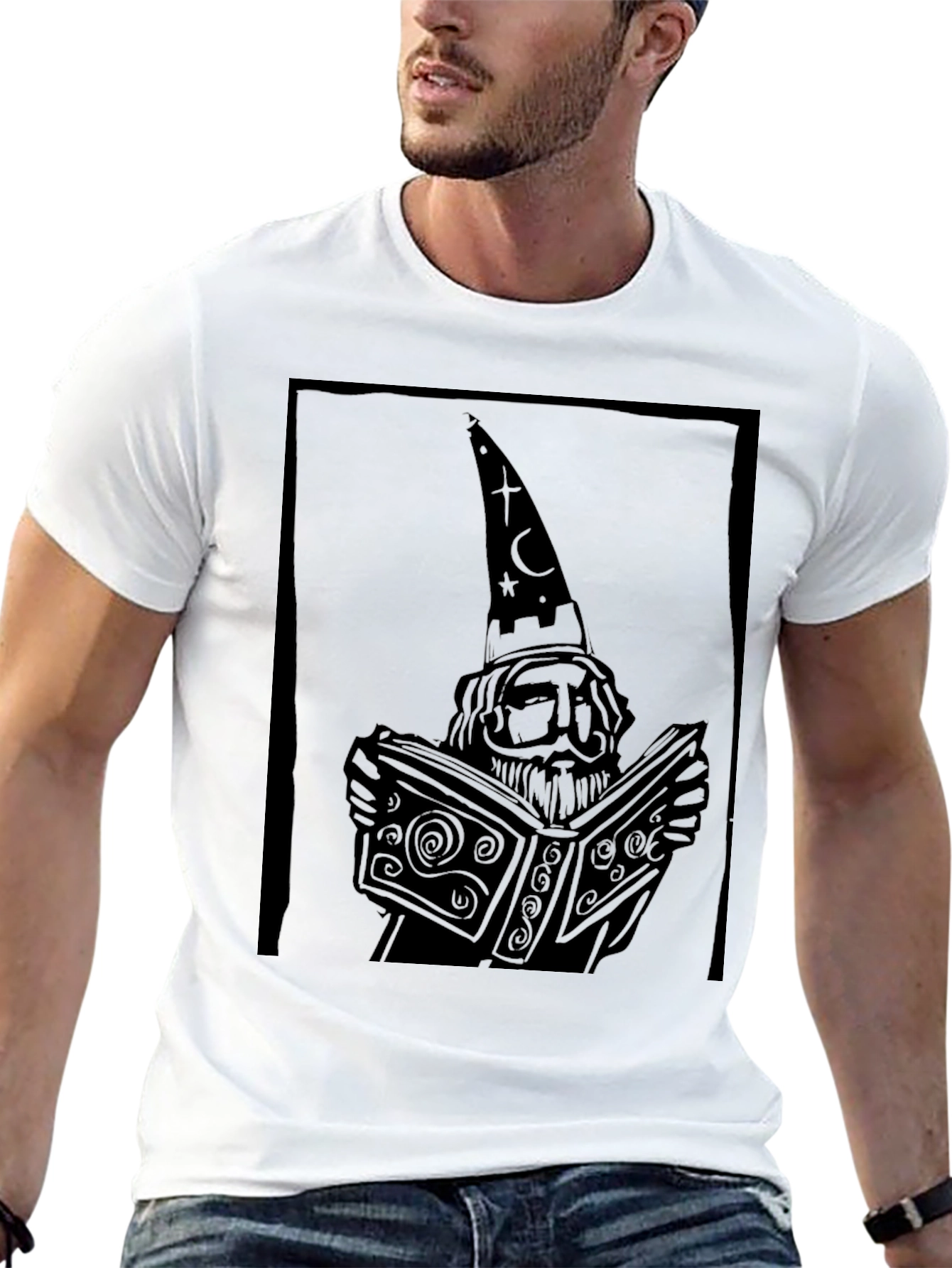 Black Wizard Reading Book Graphic Black T-Shirt view 13