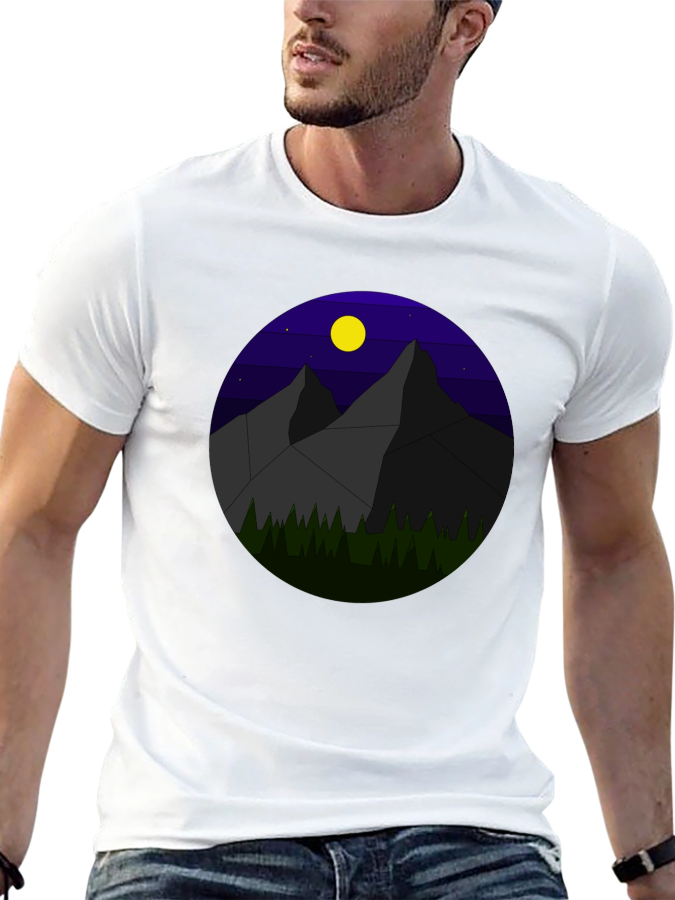 Black Geometric Mountain Nightscape T-Shirt view 13